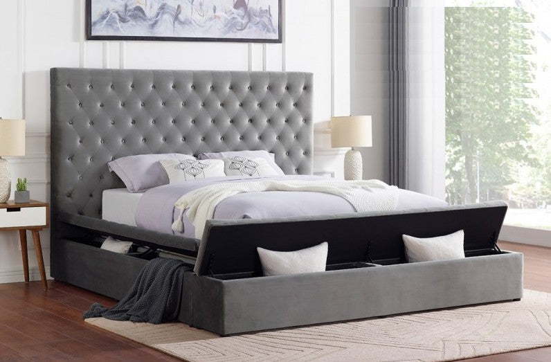 Tufted velvet fabric platform bed frame with storage all around Tufted velvet fabric queen bed frame with storage all around  Half Price Furniture