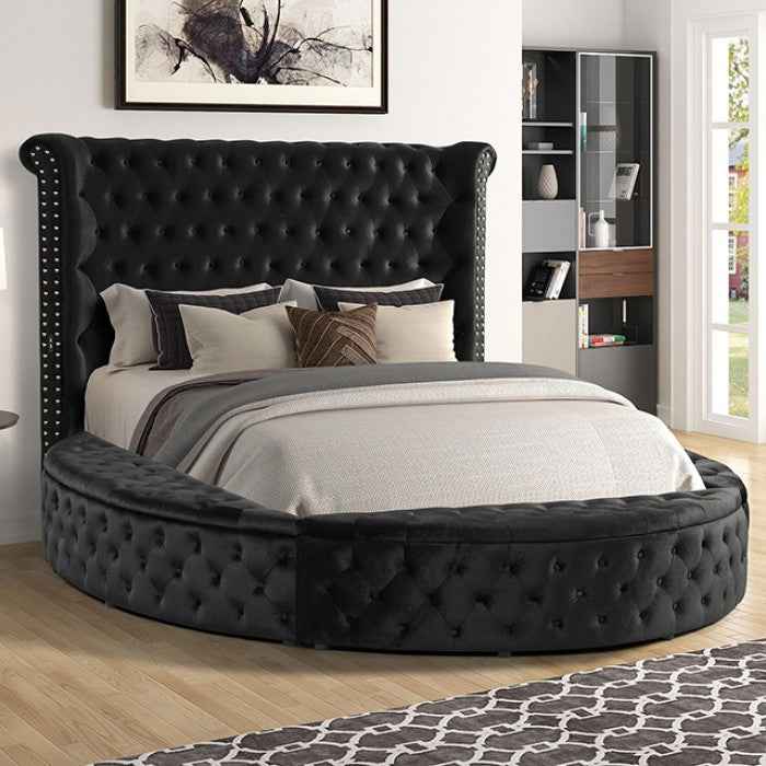 Round Velvet Tufted Ottoman Upholstered in Luxe Fabric with Acrylic Crystals