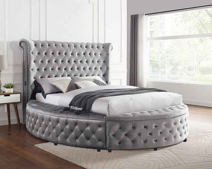 Round Velvet Tufted Ottoman Upholstered in Luxe Fabric with Acrylic Crystals