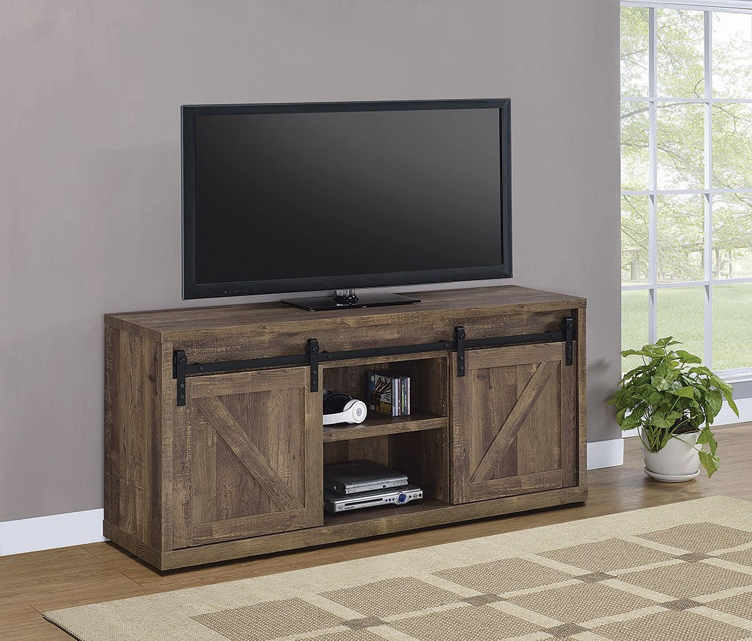 Rustic Oak 59 Inch Tv Console w/ Sliding Barn Doors - Las Vegas Furniture Stores
