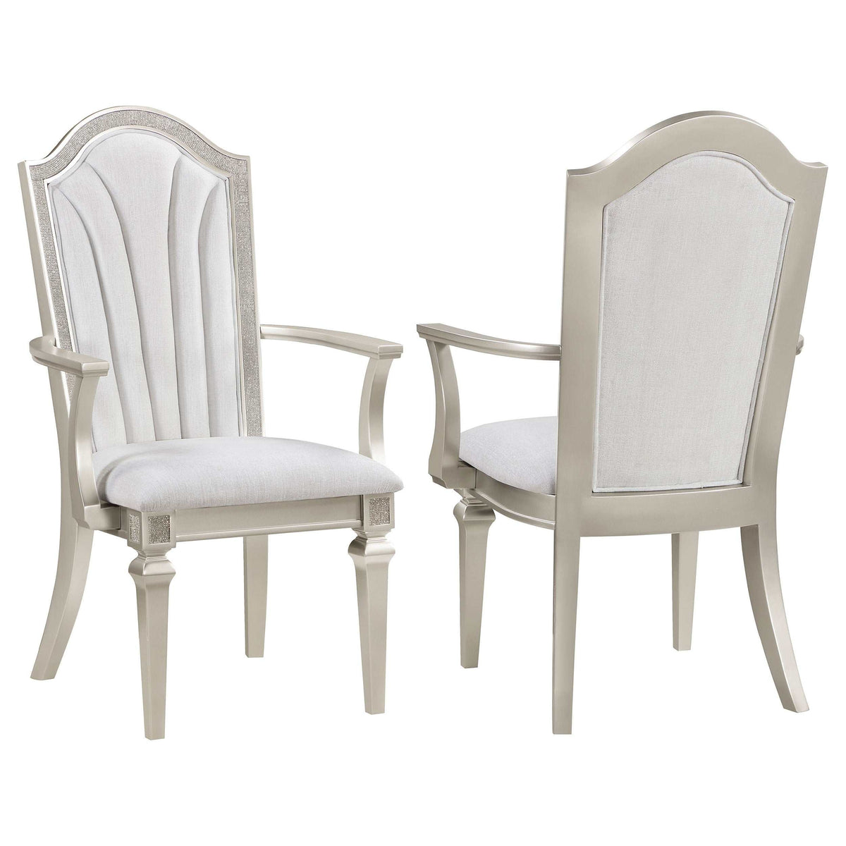 Evangeline Upholstered Dining Arm Chair with Faux Diamond Trim Ivory and Silver Oak (Set of 2) - Half Price Furniture