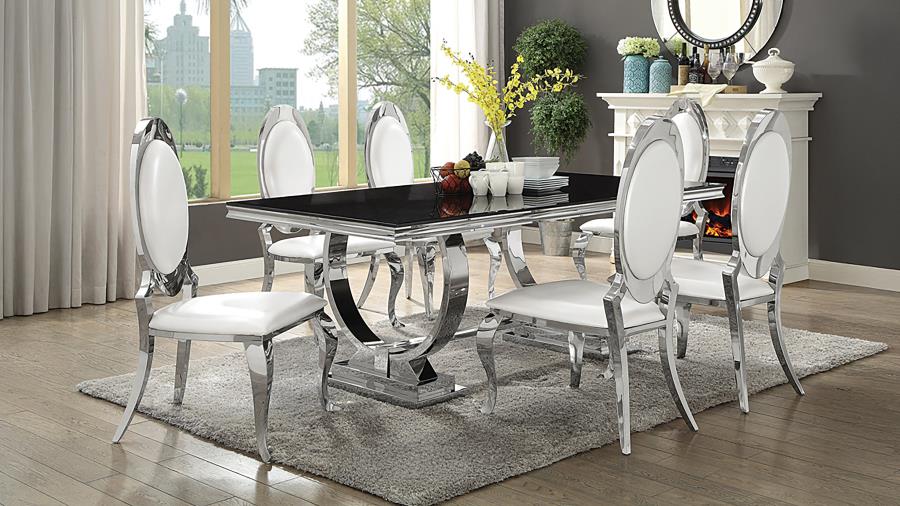 Antoine 7-Piece Black Tempered Glass Dining Set with Cream White Chairs