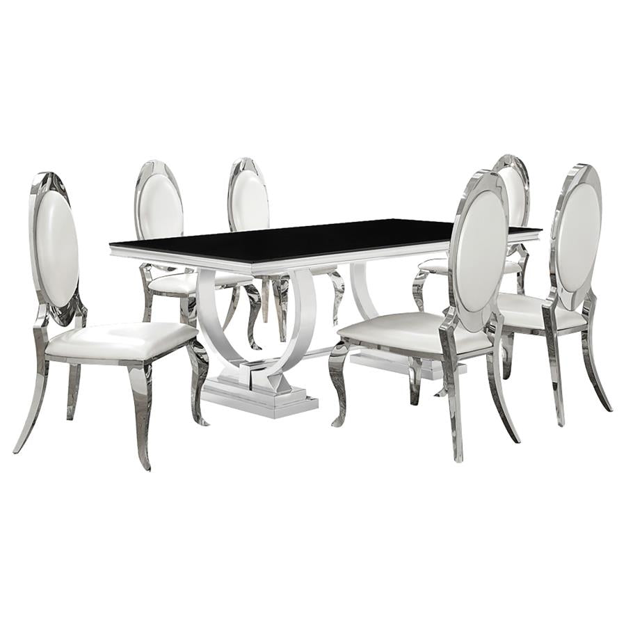 Antoine 7-Piece Black Tempered Glass Dining Set with Cream White Chairs