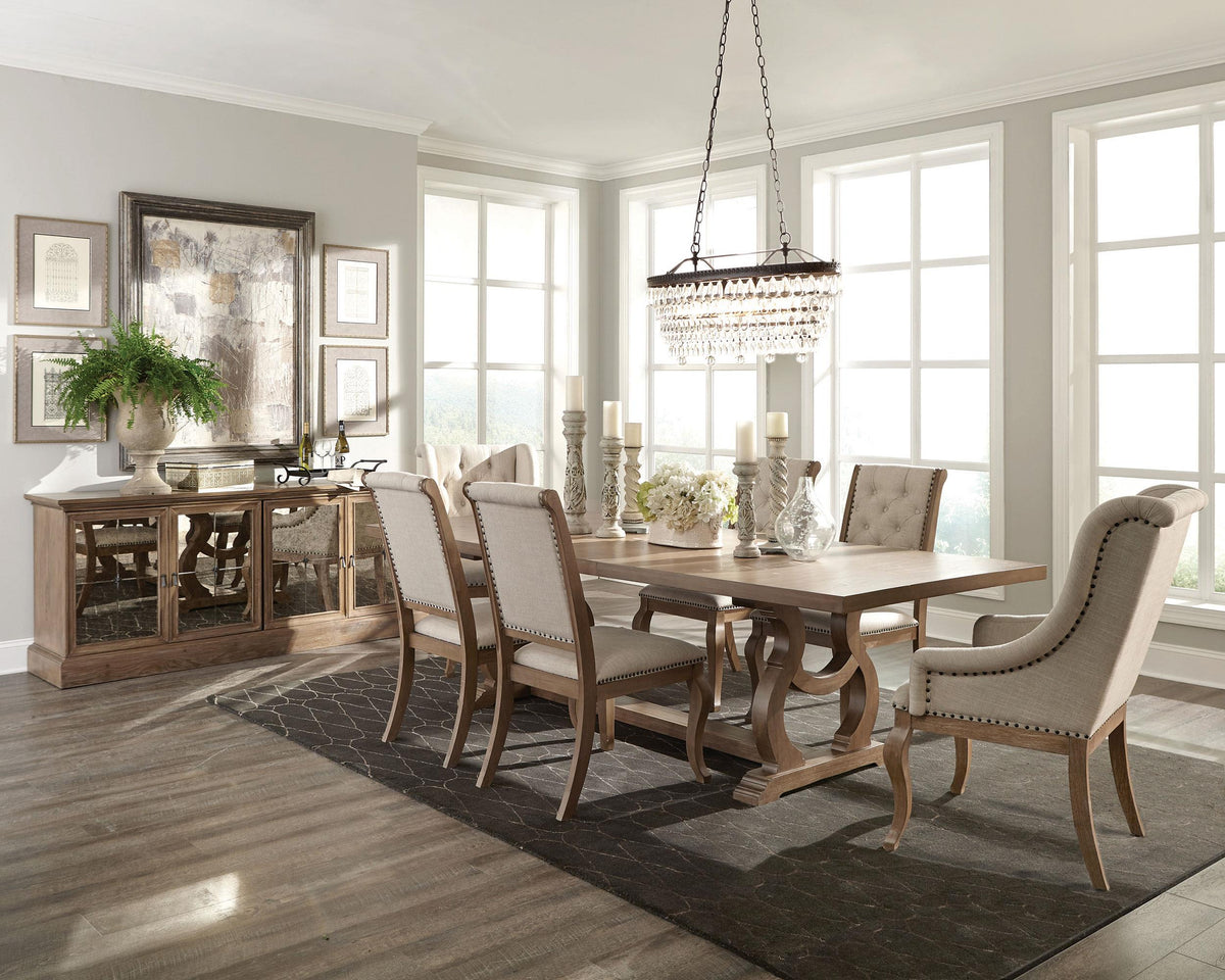 Brockway 7-Piece Rectangular Trestle Dining Set Barley Brown Half Price Furniture