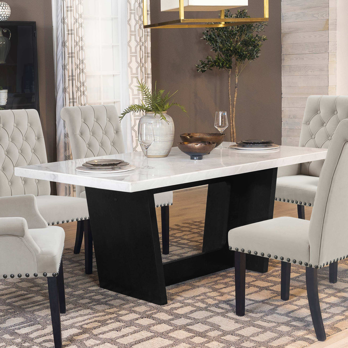 Sherry Trestle Base Marble Top Dining Table Espresso and White Half Price Furniture
