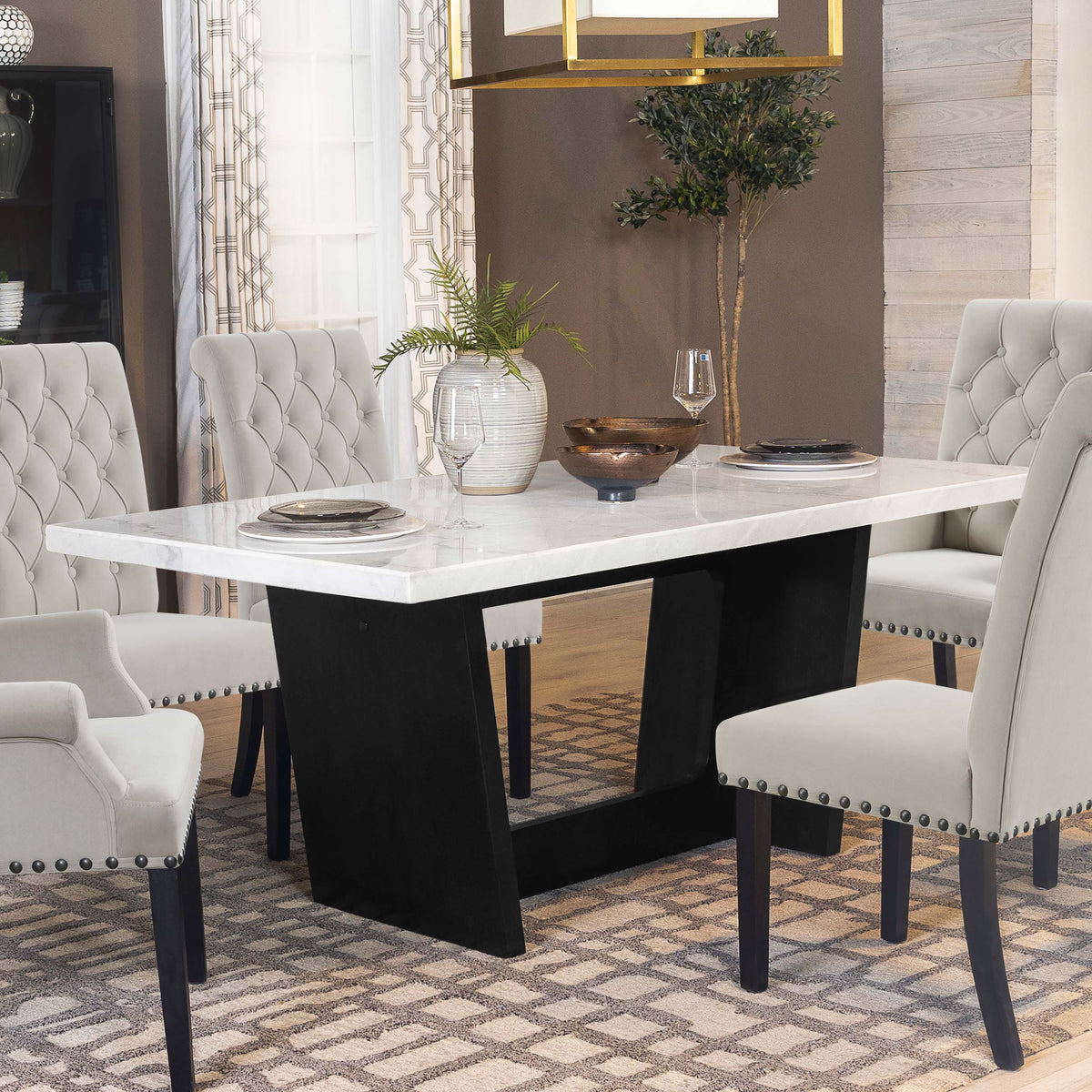 Sherry Trestle Base Marble Top Dining Table Espresso and White Half Price Furniture