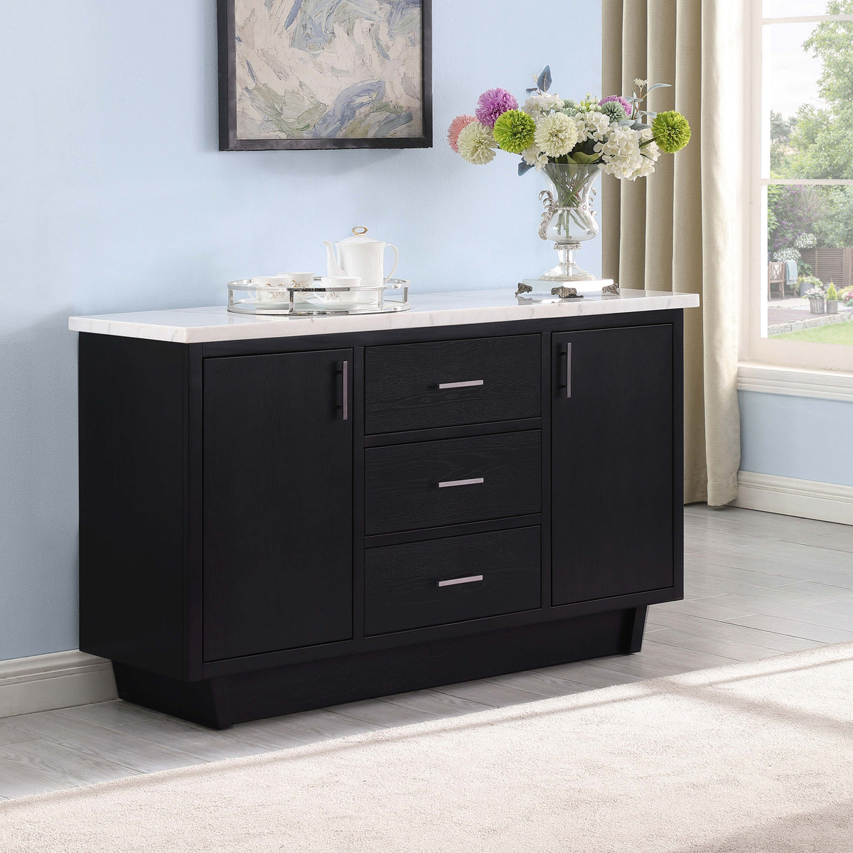Sherry 3-drawer Marble Top Dining Sideboard Server White and Rustic Espresso  Half Price Furniture