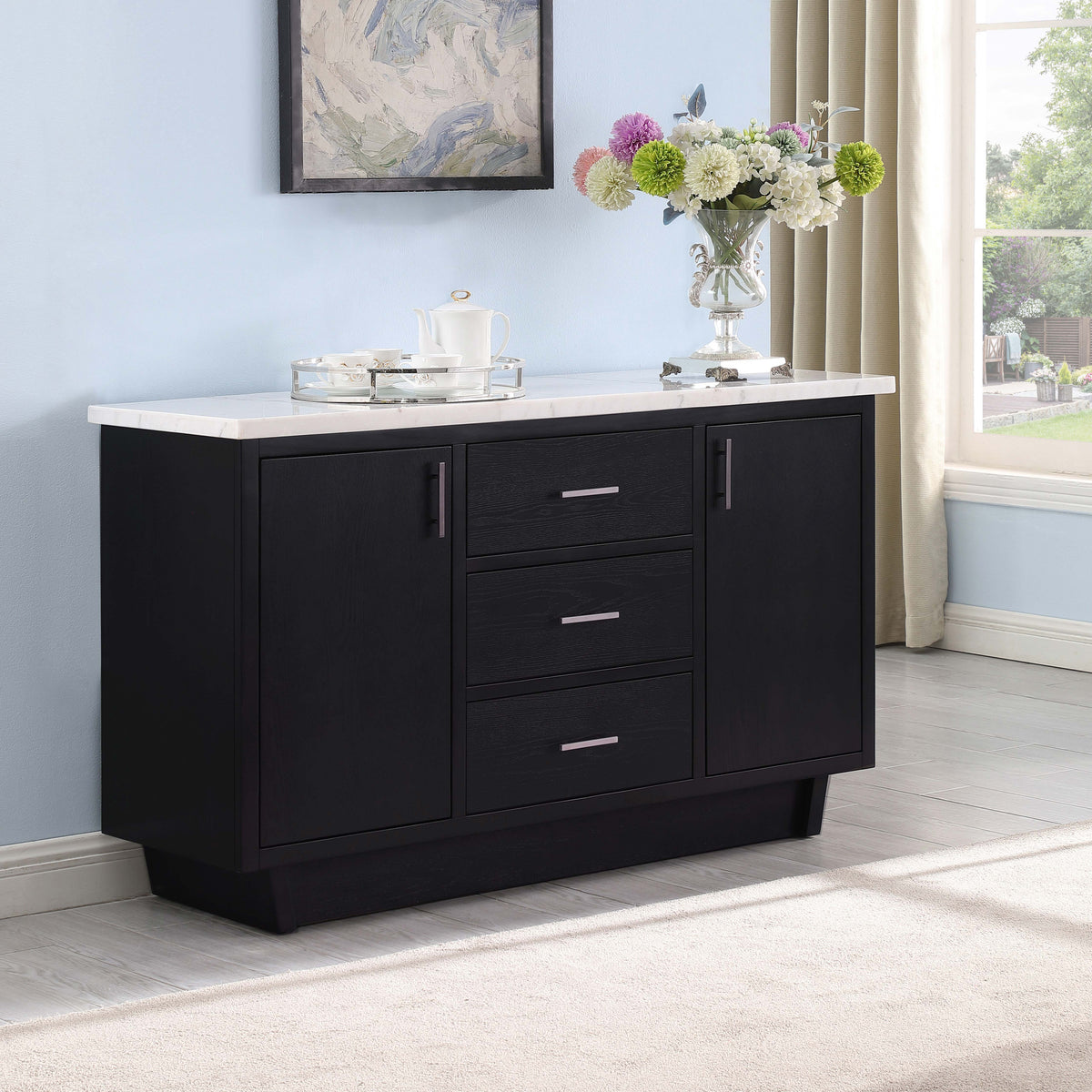 Sherry 3-drawer Marble Top Dining Sideboard Server White and Rustic Espresso Half Price Furniture
