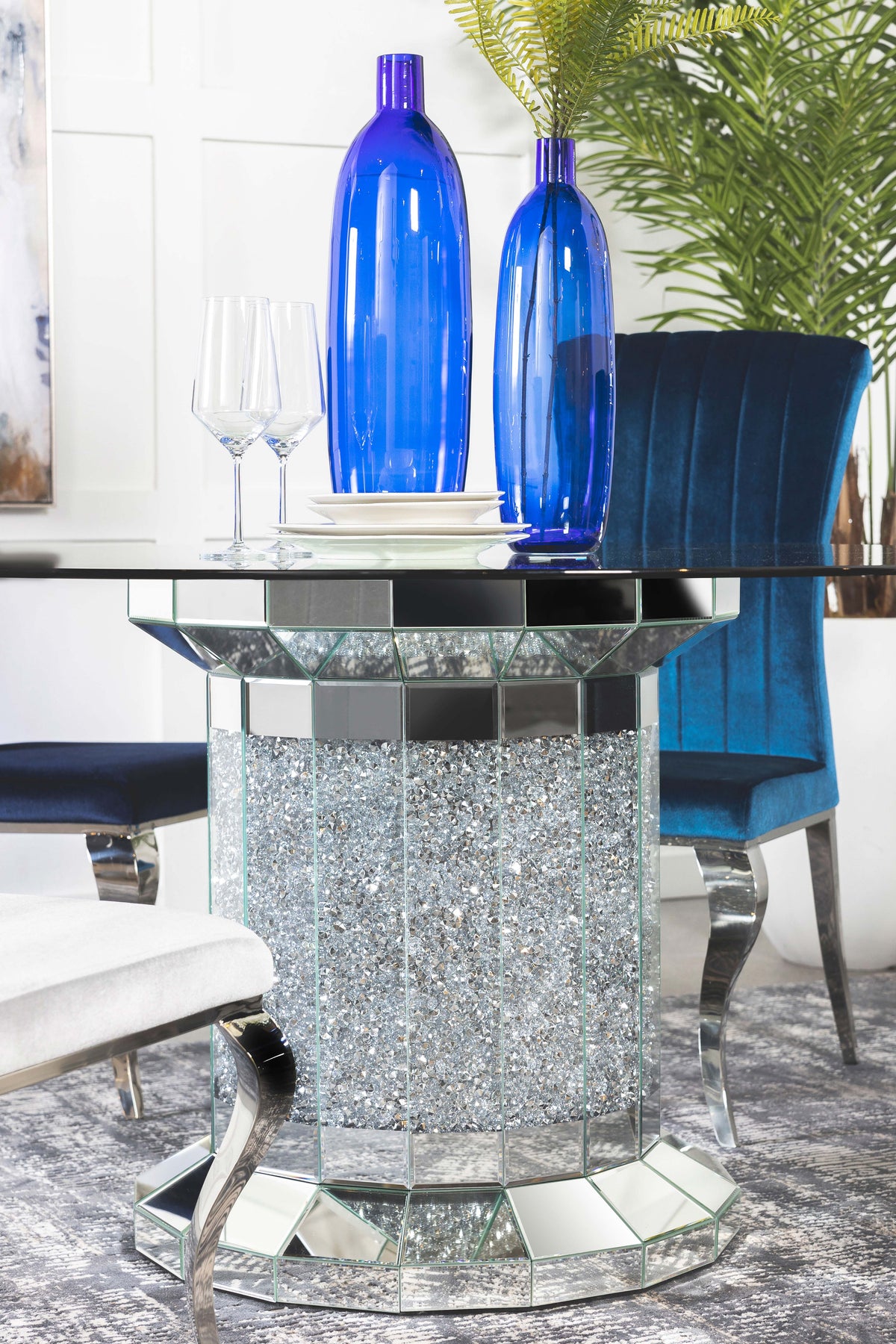 Ellie Cylinder Pedestal Glass Top Dining Table Mirror Ellie Cylinder Pedestal Glass Top Dining Table Mirror Half Price Furniture