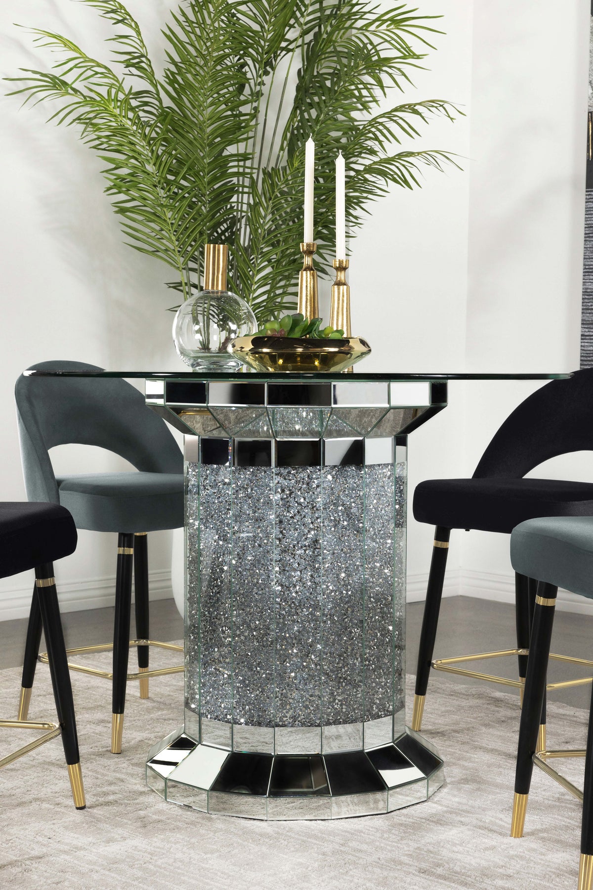 Ellie Pedestal Round Glass Top Counter Height Table Mirror Half Price Furniture