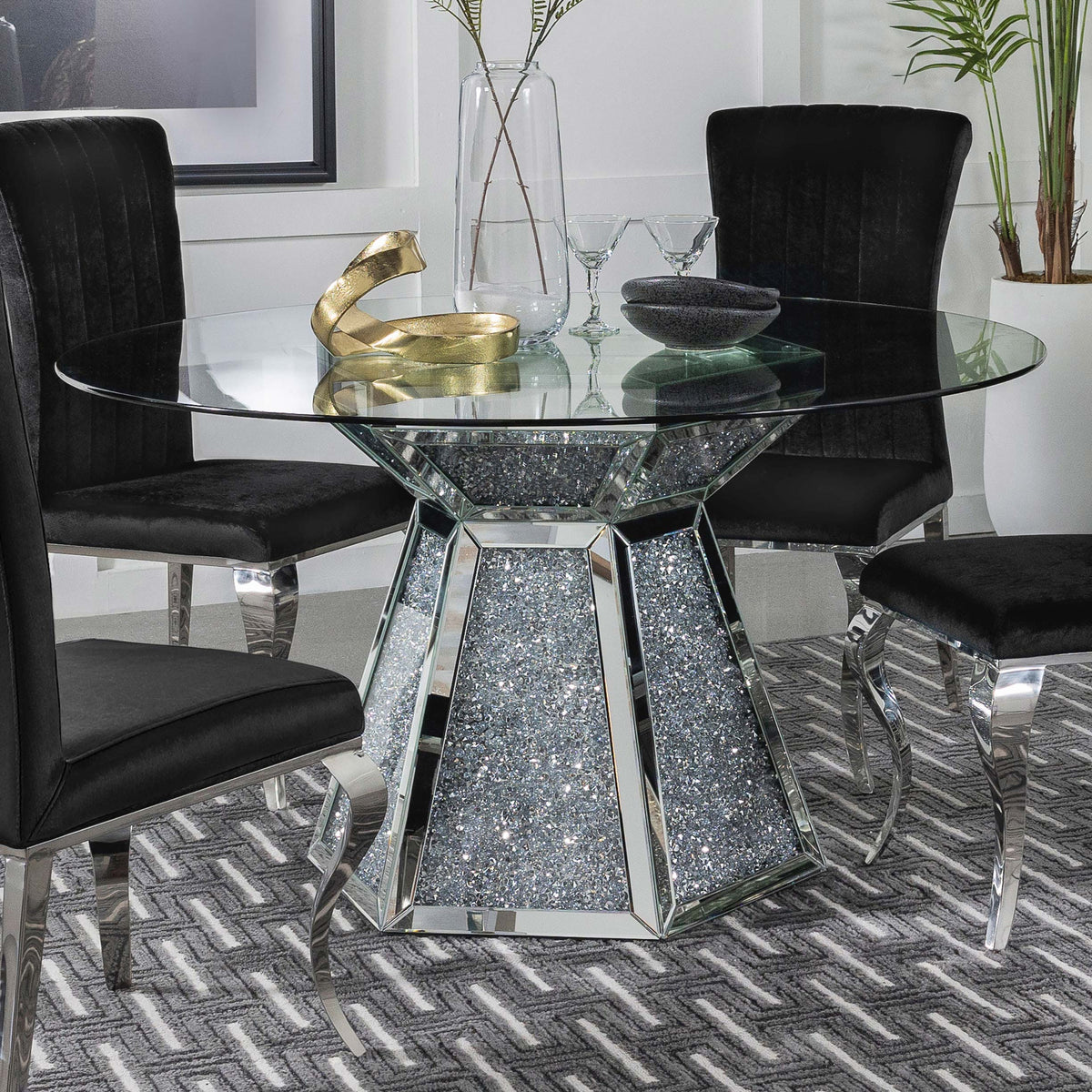 Quinn Hexagon Pedestal Glass Top Dining Table Mirror  Las Vegas Furniture Stores