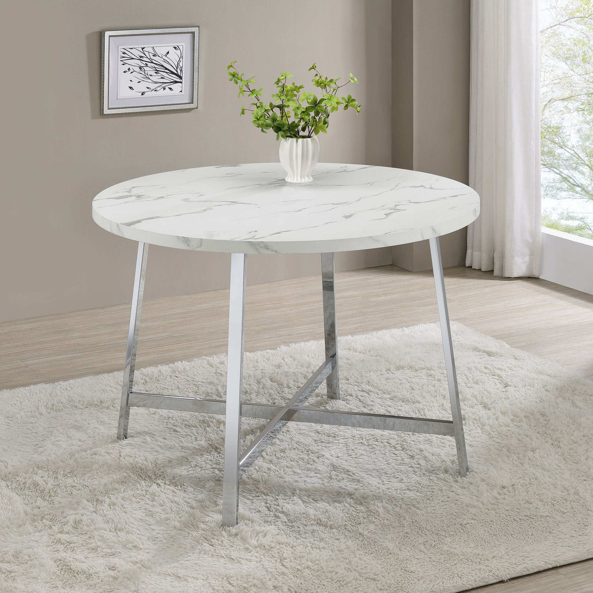 Alcott Round Faux Carrara Marble Top Dining Table Chrome Half Price Furniture