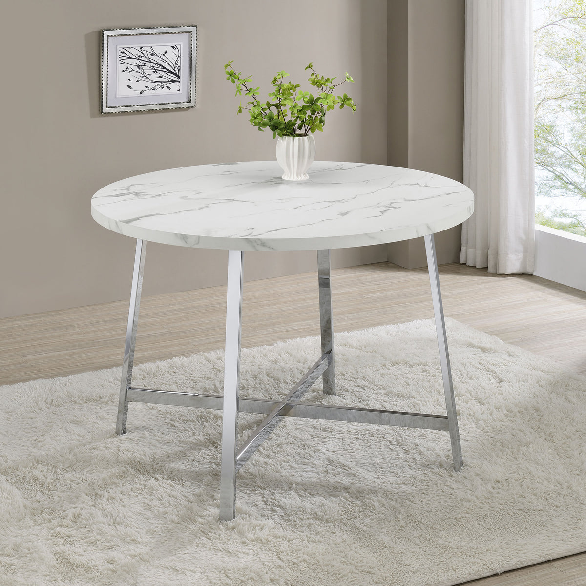 Alcott Round Faux Carrara Marble Top Dining Table Chrome  Half Price Furniture