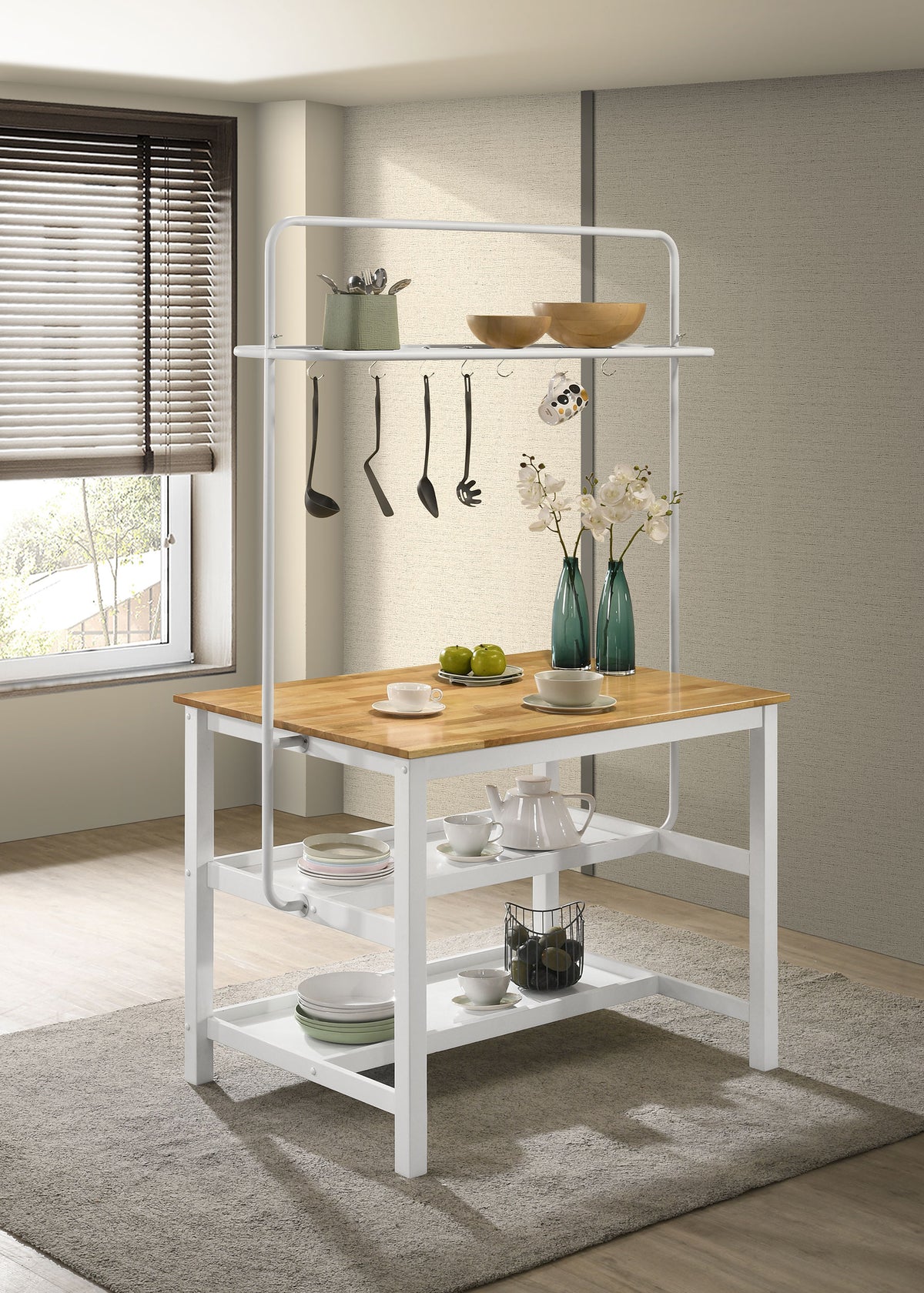 Hollis Kitchen Island Counter Height Table with Pot Rack Brown and White Half Price Furniture