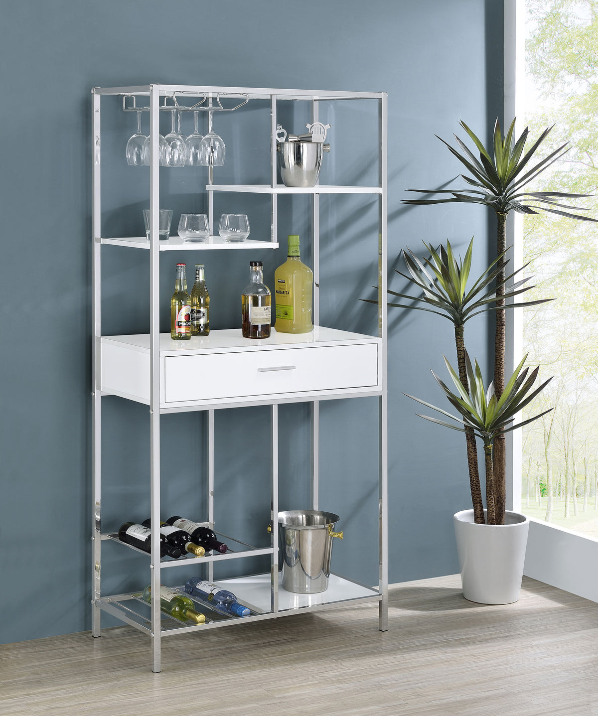 Figueroa 5-shelf Wine Cabinet with Storage Drawer White High Gloss and Chrome Half Price Furniture