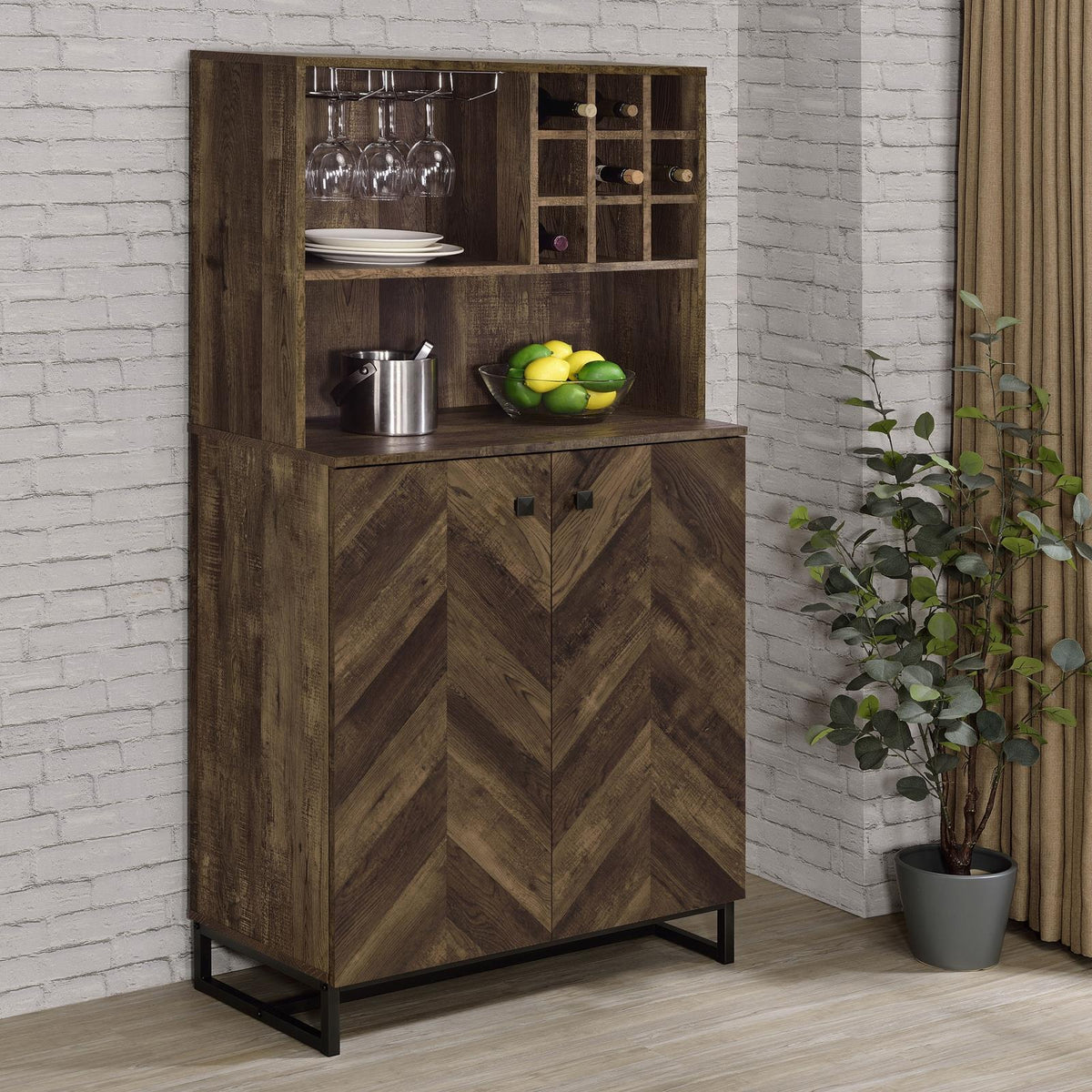 Mendoza 2-door Wine Cabinet Rustic Oak Herringbone and Gunmetal - Half Price Furniture