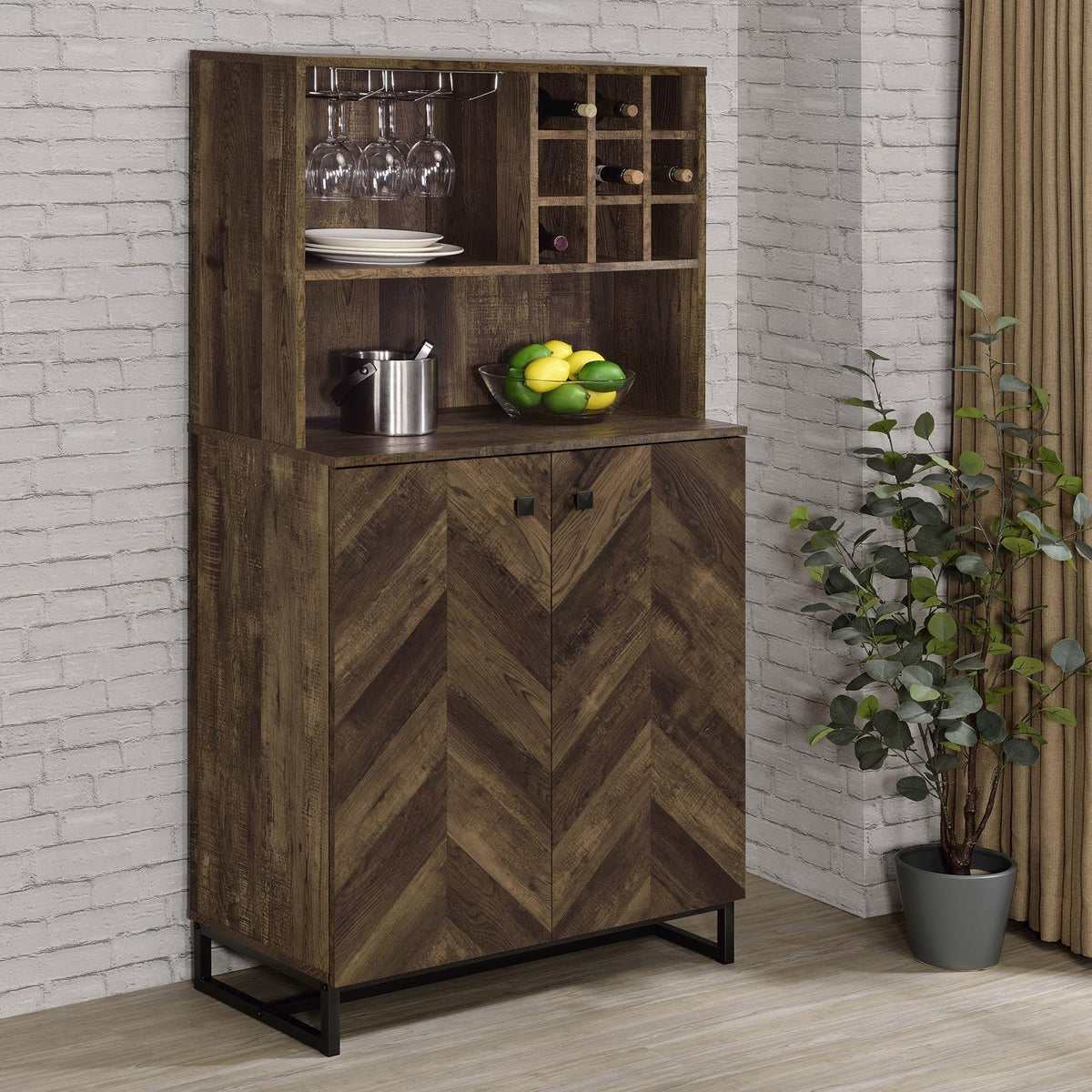 Mendoza 2-door Wine Cabinet Rustic Oak Herringbone and Gunmetal  Las Vegas Furniture Stores