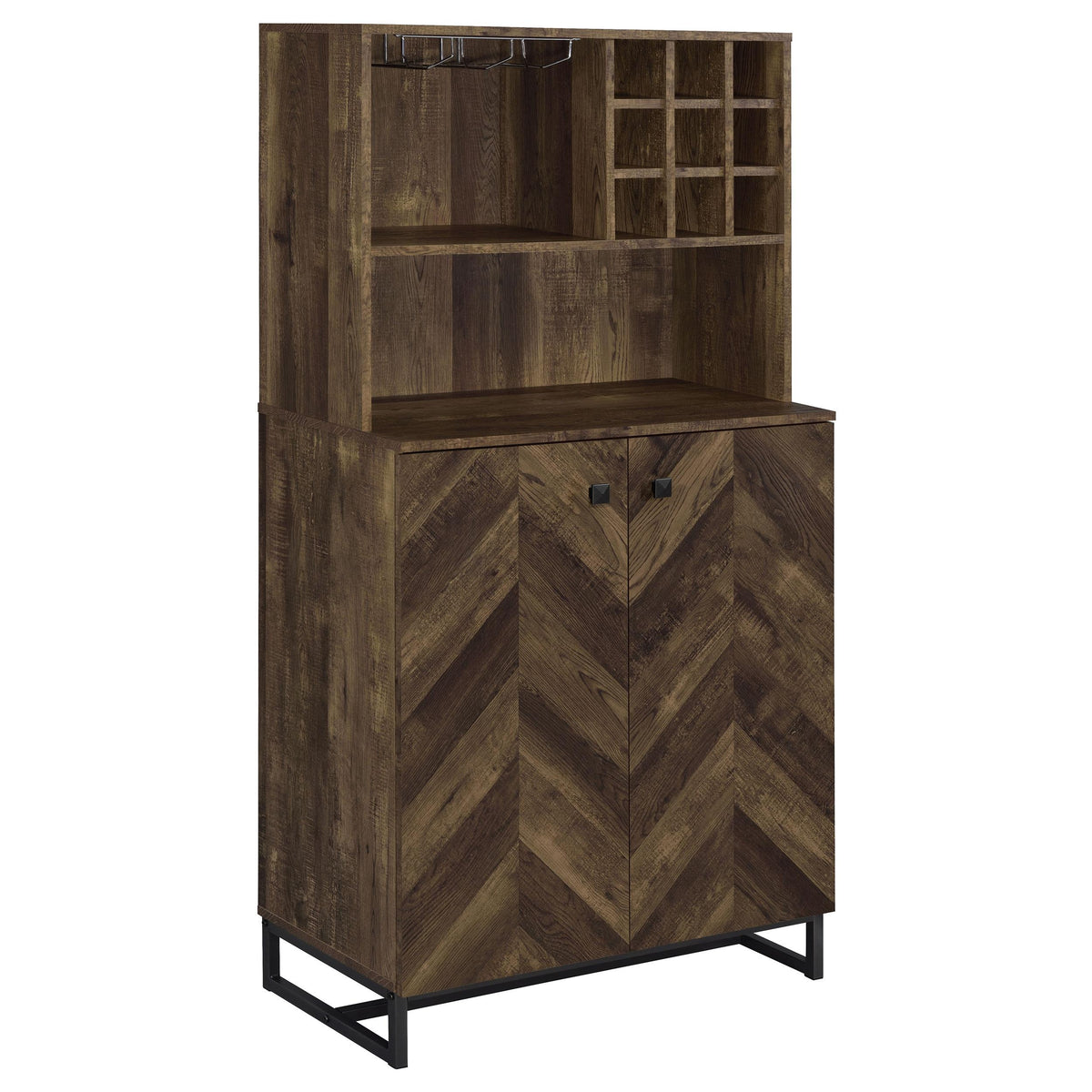 Mendoza 2-door Wine Cabinet Rustic Oak Herringbone and Gunmetal Mendoza 2-door Wine Cabinet Rustic Oak Herringbone and Gunmetal Half Price Furniture