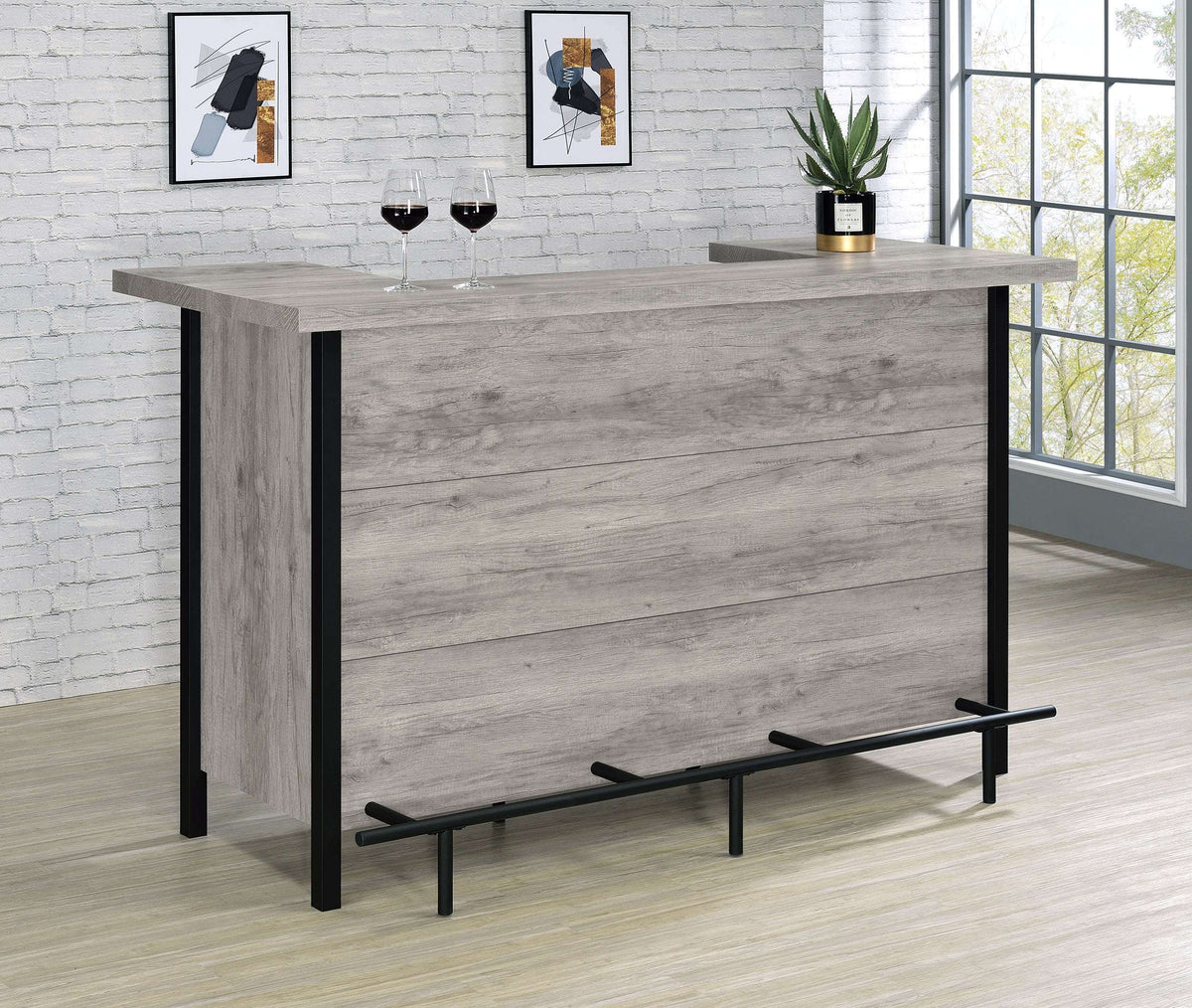 Bellemore Bar Unit with Footrest Grey Driftwood and Black - Half Price Furniture