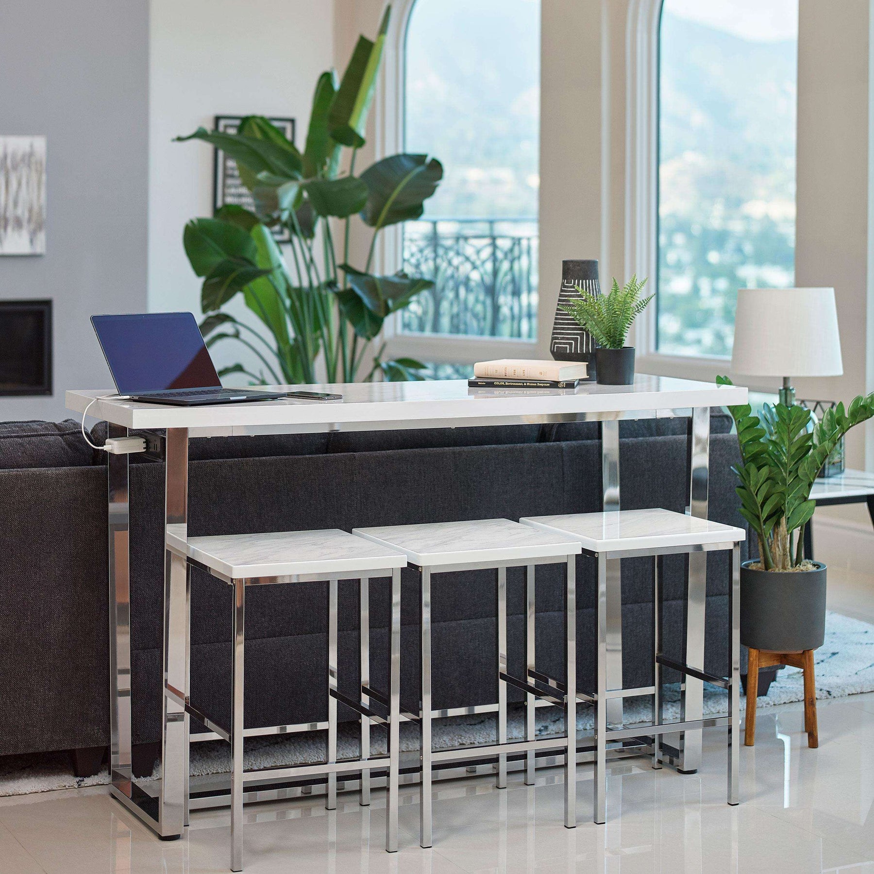 Marmot 4-piece Rectangular Counter Height Set White Marble and Chrome Half Price Furniture