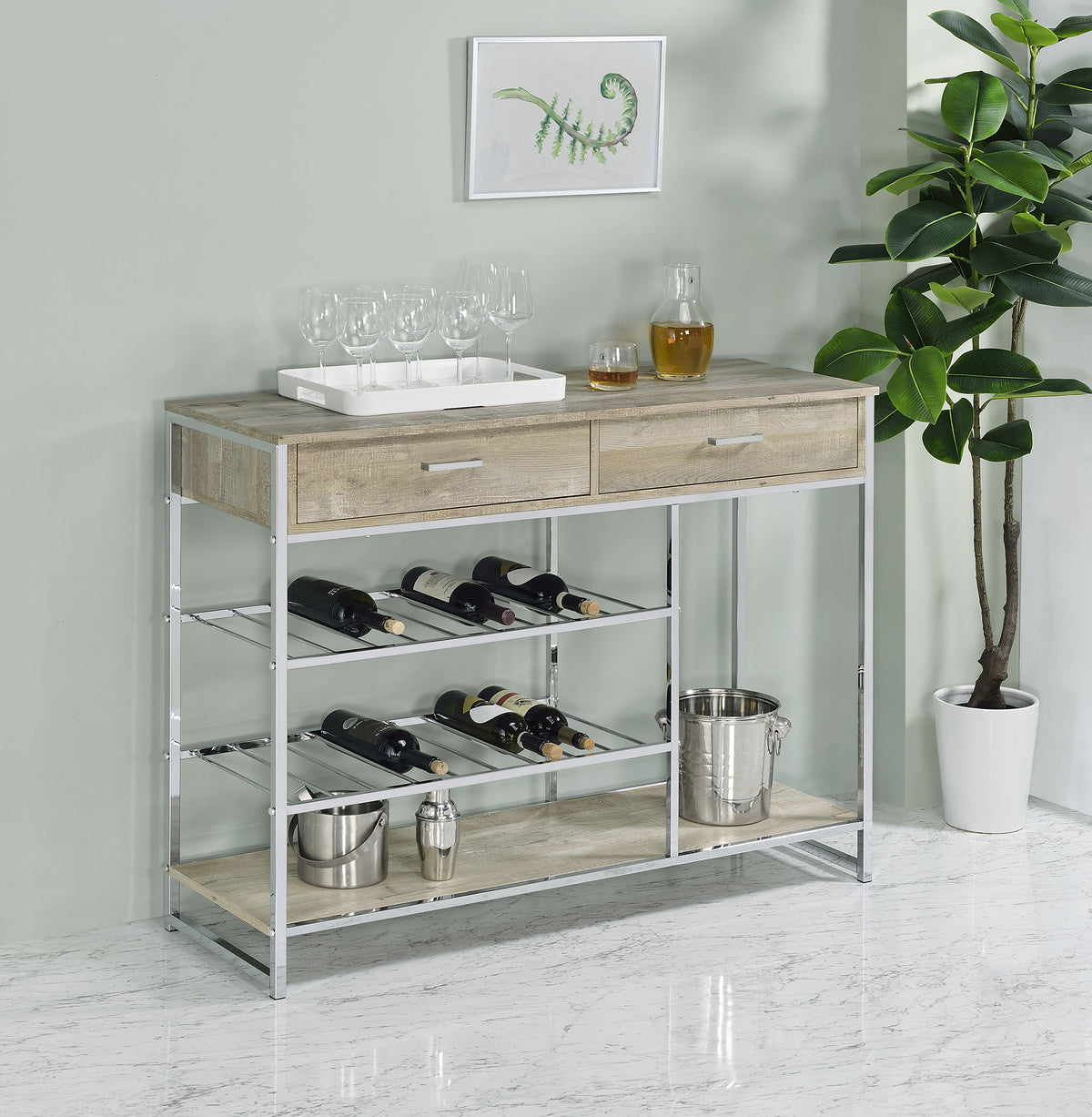 Melrose 2-shelf Wine Cabinet with 2 Drawers Gray Washed Oak and Chrome Melrose 2-shelf Wine Cabinet with 2 Drawers Gray Washed Oak and Chrome Half Price Furniture