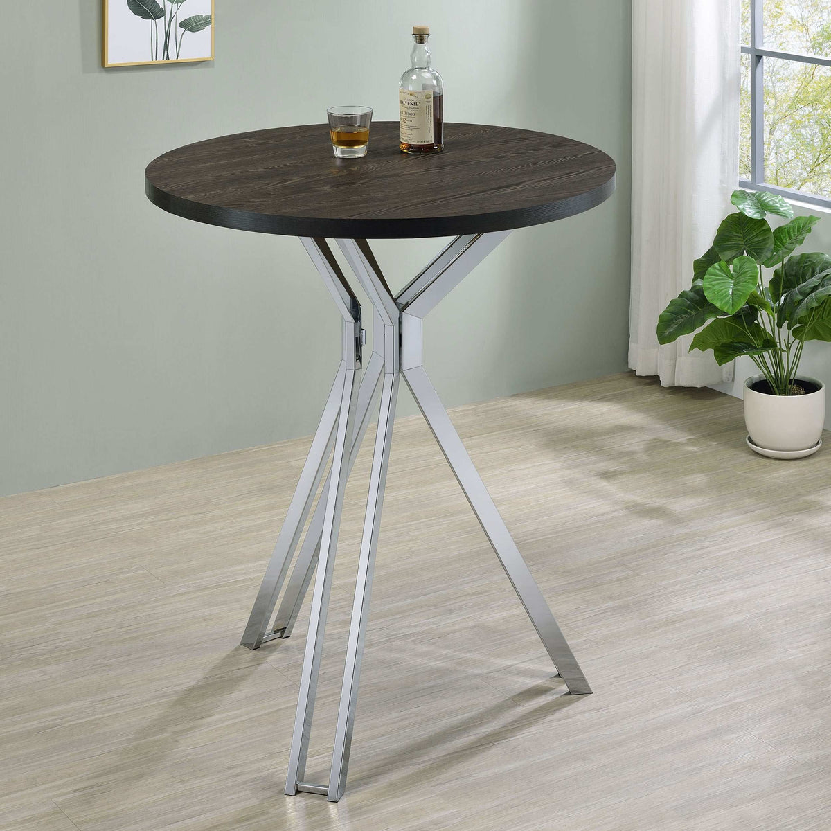 Edgerton Round Wood Top Bar Table Dark Oak and Chrome Half Price Furniture