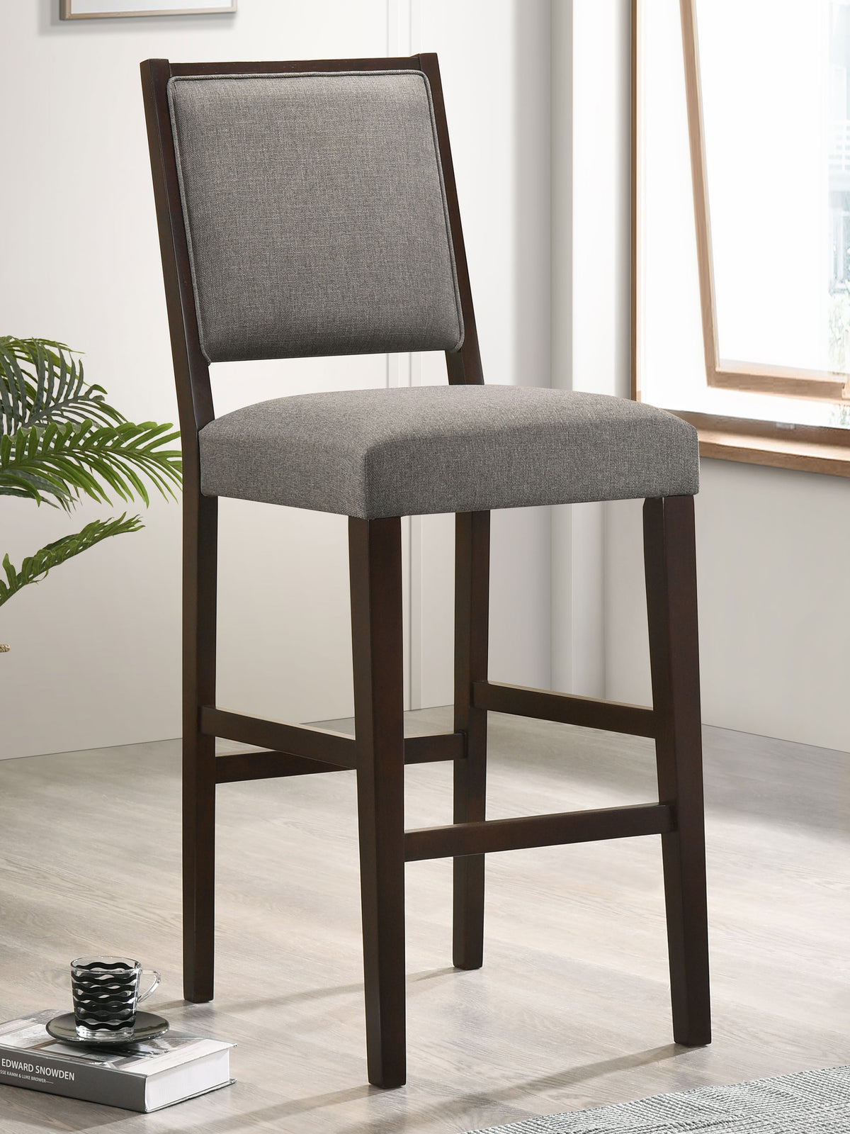 Bedford Upholstered Open Back Bar Stools with Footrest (Set of 2) Grey and Espresso Bedford Upholstered Open Back Bar Stools with Footrest (Set of 2) Grey and Espresso Half Price Furniture