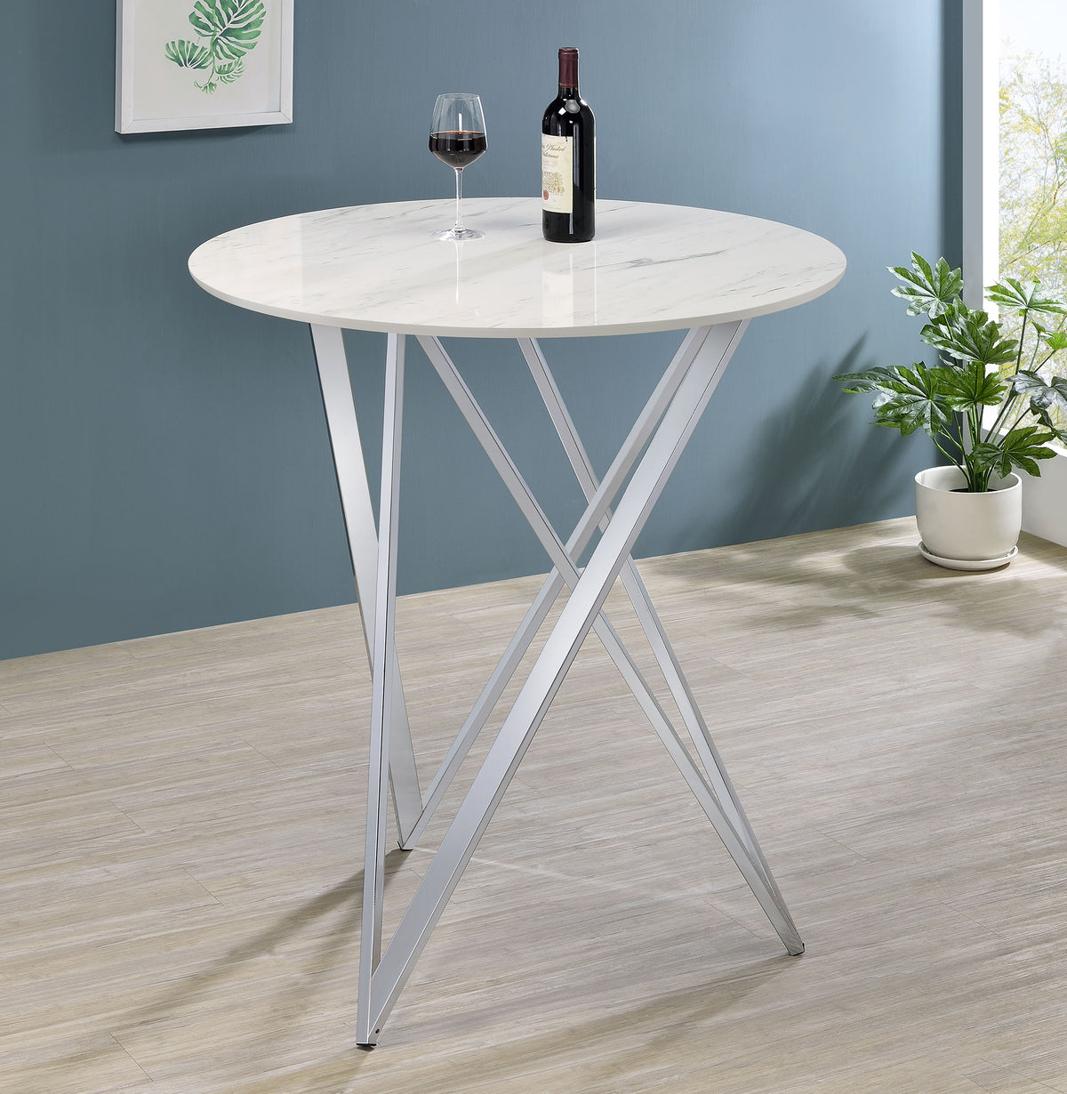 Bexter Faux Marble Round Top Bar Table White and Chrome  Half Price Furniture