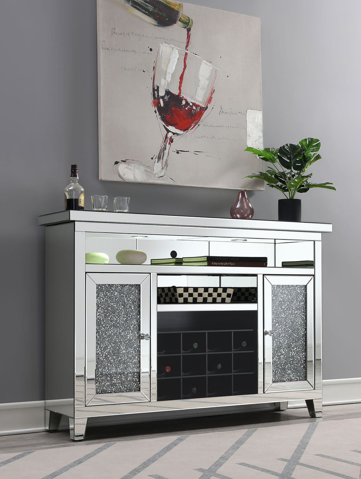 Melinda 2-door Wine Cabinet with Lighting Mirror  Las Vegas Furniture Stores