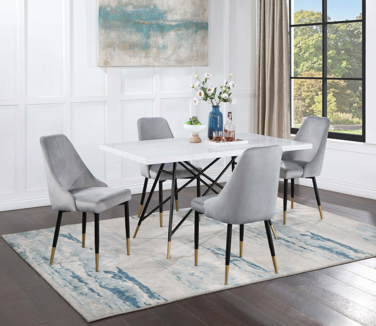 Gabrielle 5-piece Marble Top Rectangular Dining Table Set White and Grey Half Price Furniture