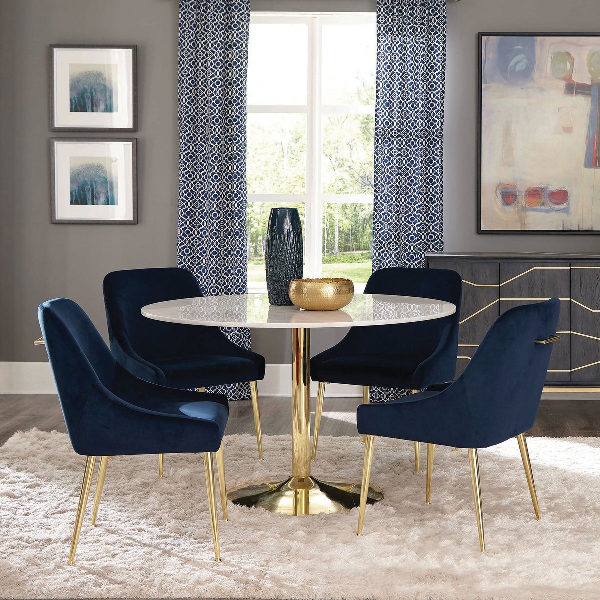 Kella 5-piece Round Marble Top Dining Set Blue and Gold Kella 5-piece Round Marble Top Dining Set Blue and Gold Half Price Furniture