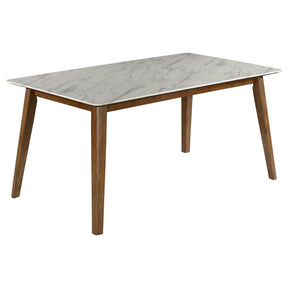 Everett Faux Marble Top Dining Table Natural Walnut and White Half Price Furniture