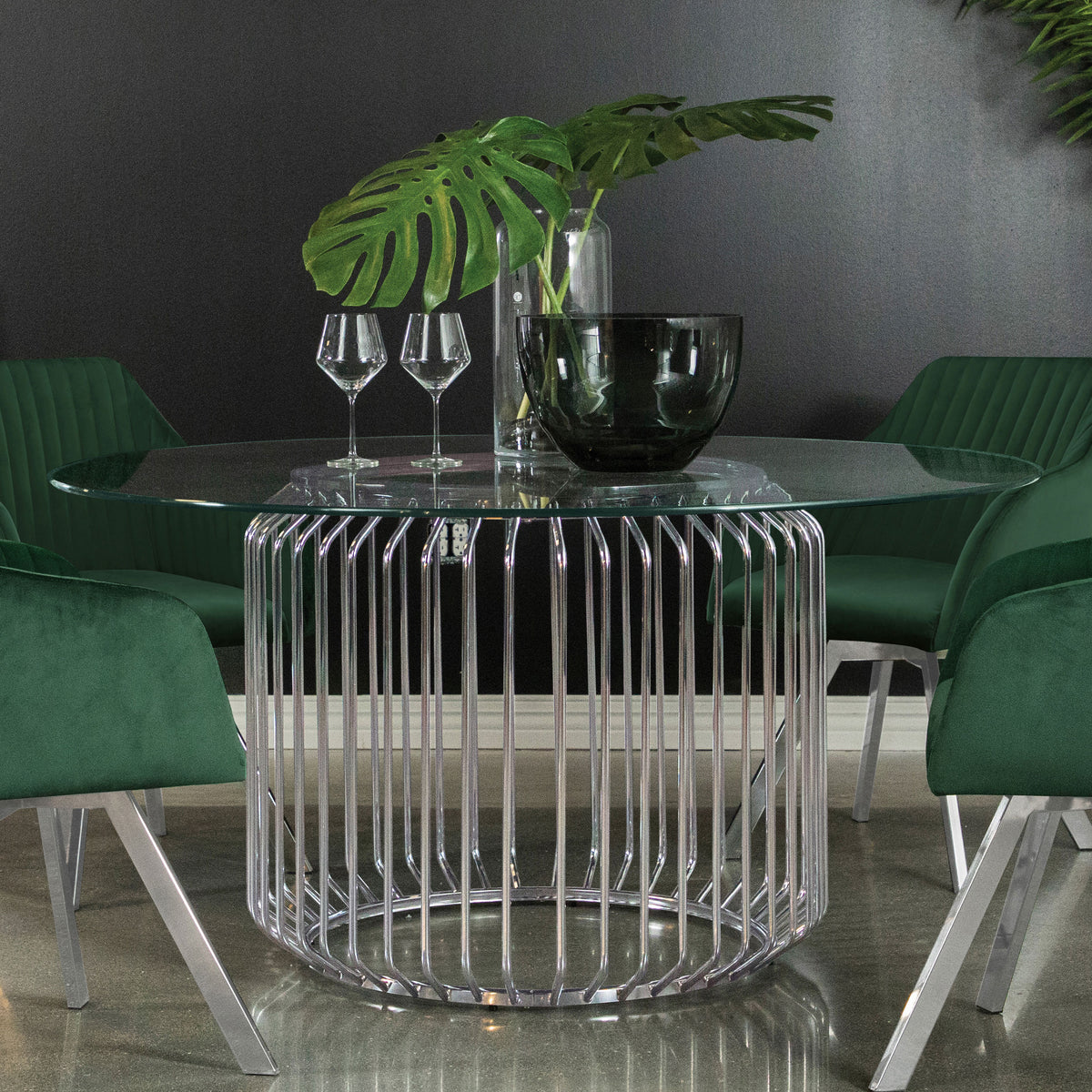 Veena 60" Round Glass Top Dining Table Clear and Chrome Half Price Furniture