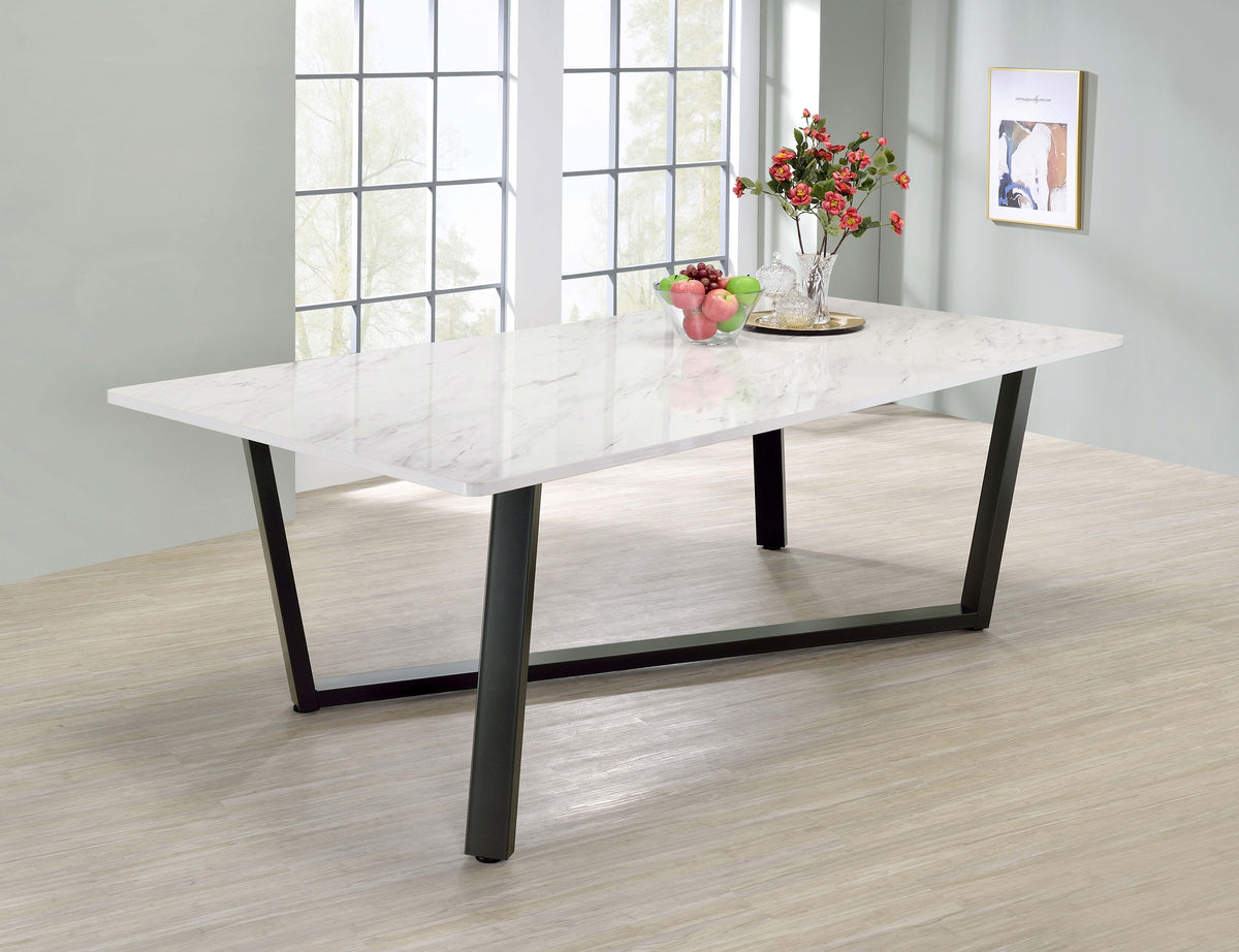 Mayer Rectangular Dining Table Faux White Marble and Gunmetal Half Price Furniture