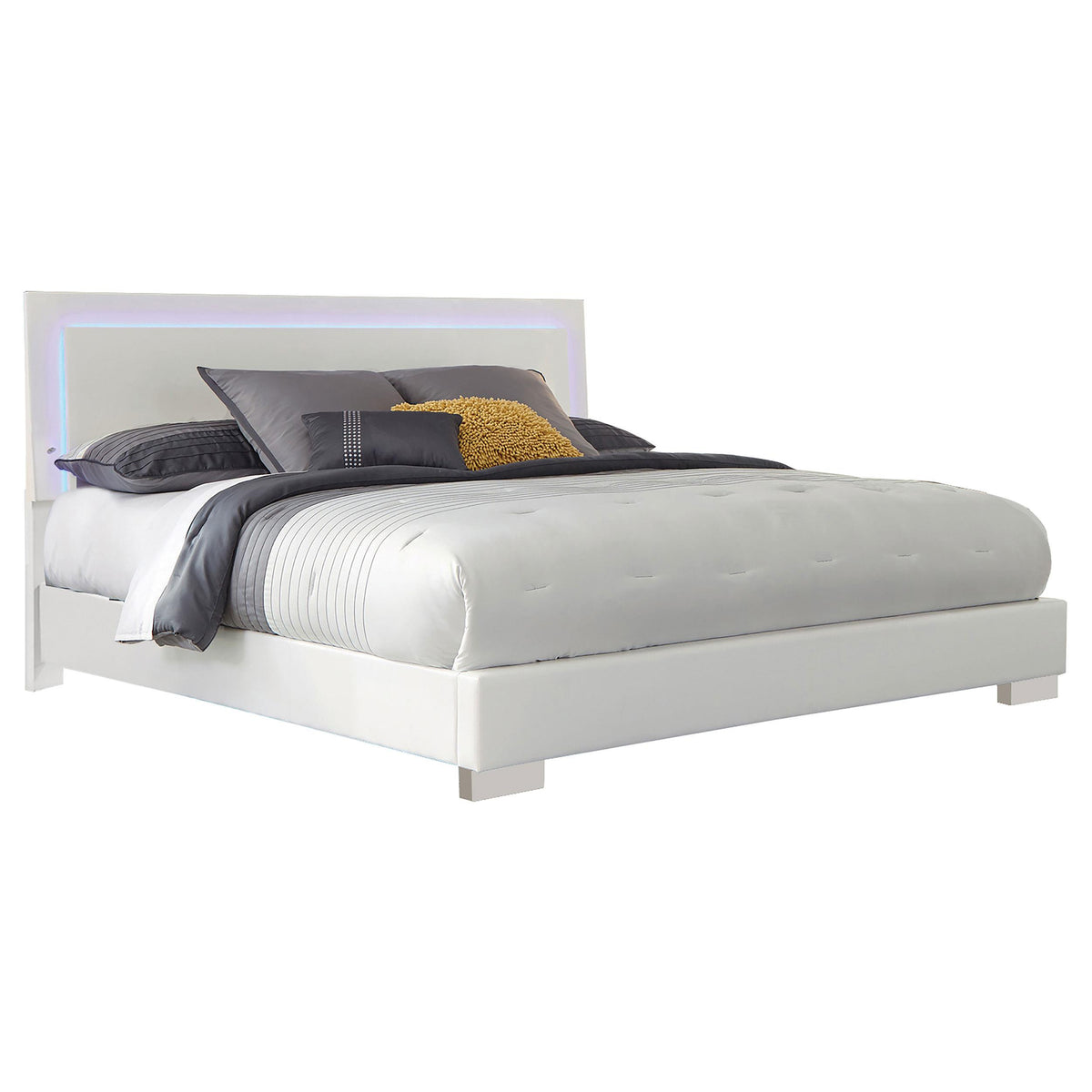 Felicity Eastern King Panel Bed with LED Lighting Glossy White  Half Price Furniture
