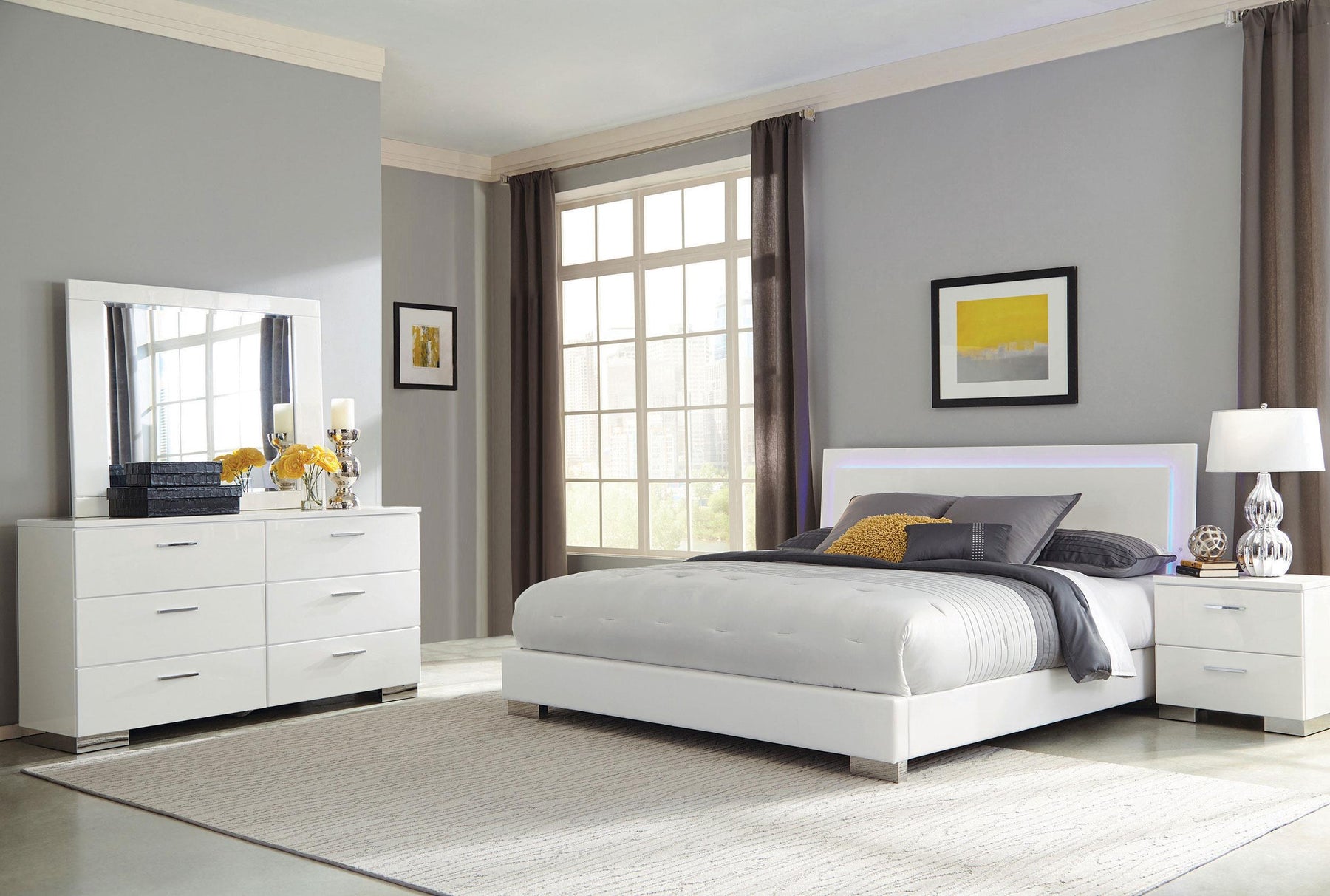Felicity 4-piece California King Bedroom Set with LED Headboard Glossy White  Half Price Furniture