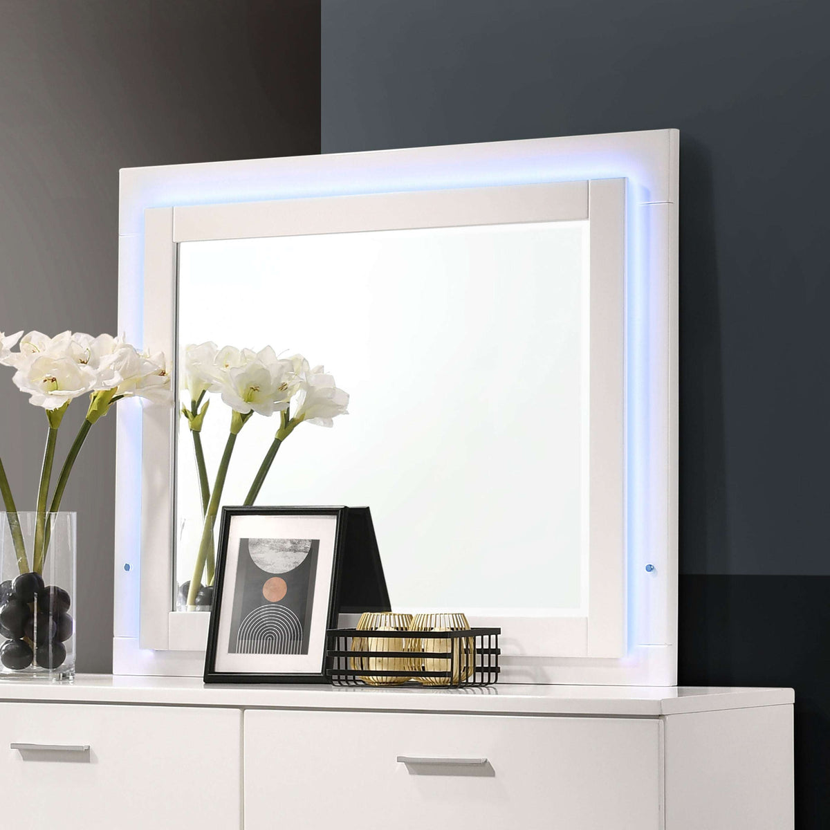 Felicity Dresser Mirror Glossy White with LED Light Half Price Furniture