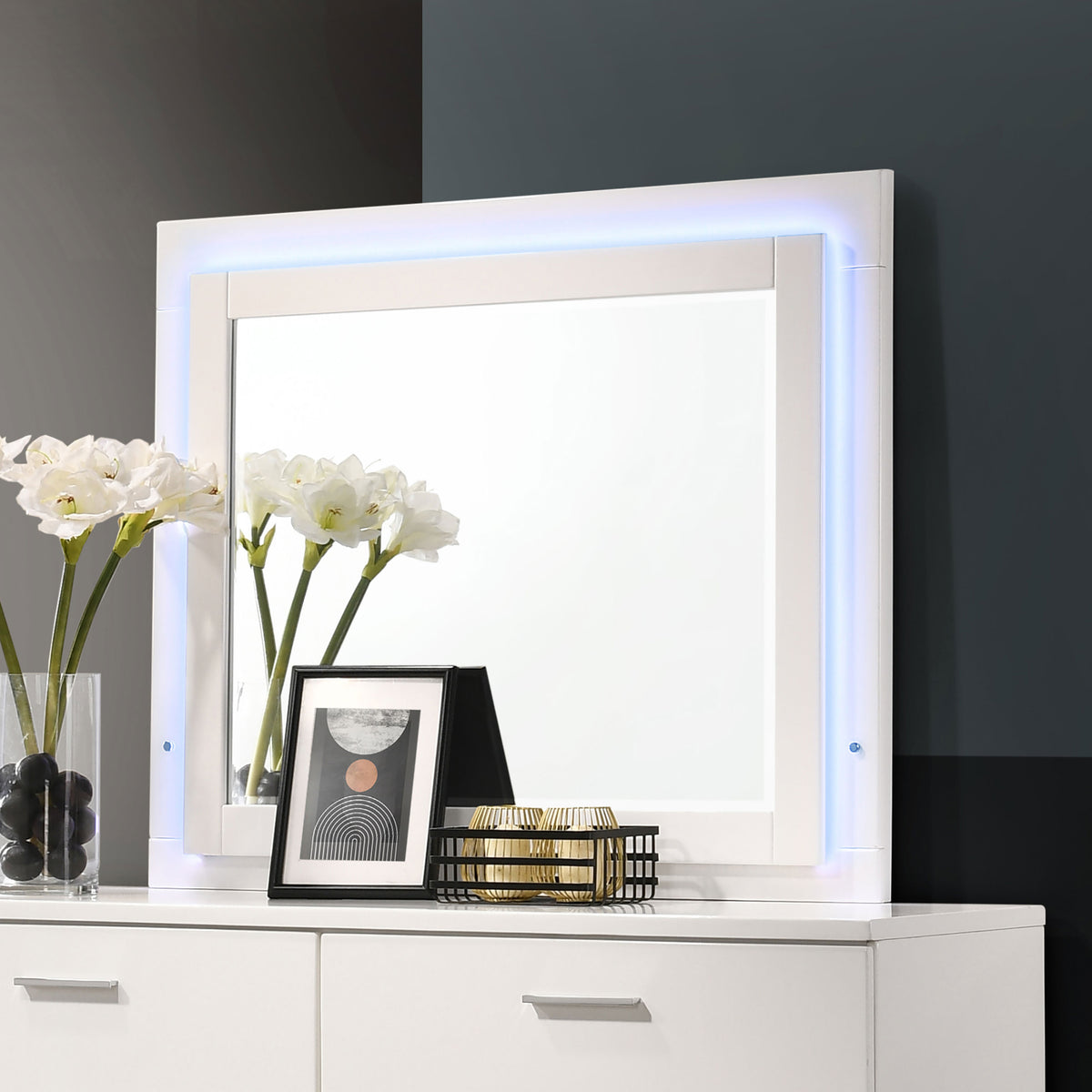 Felicity Dresser Mirror Glossy White with LED Light Half Price Furniture