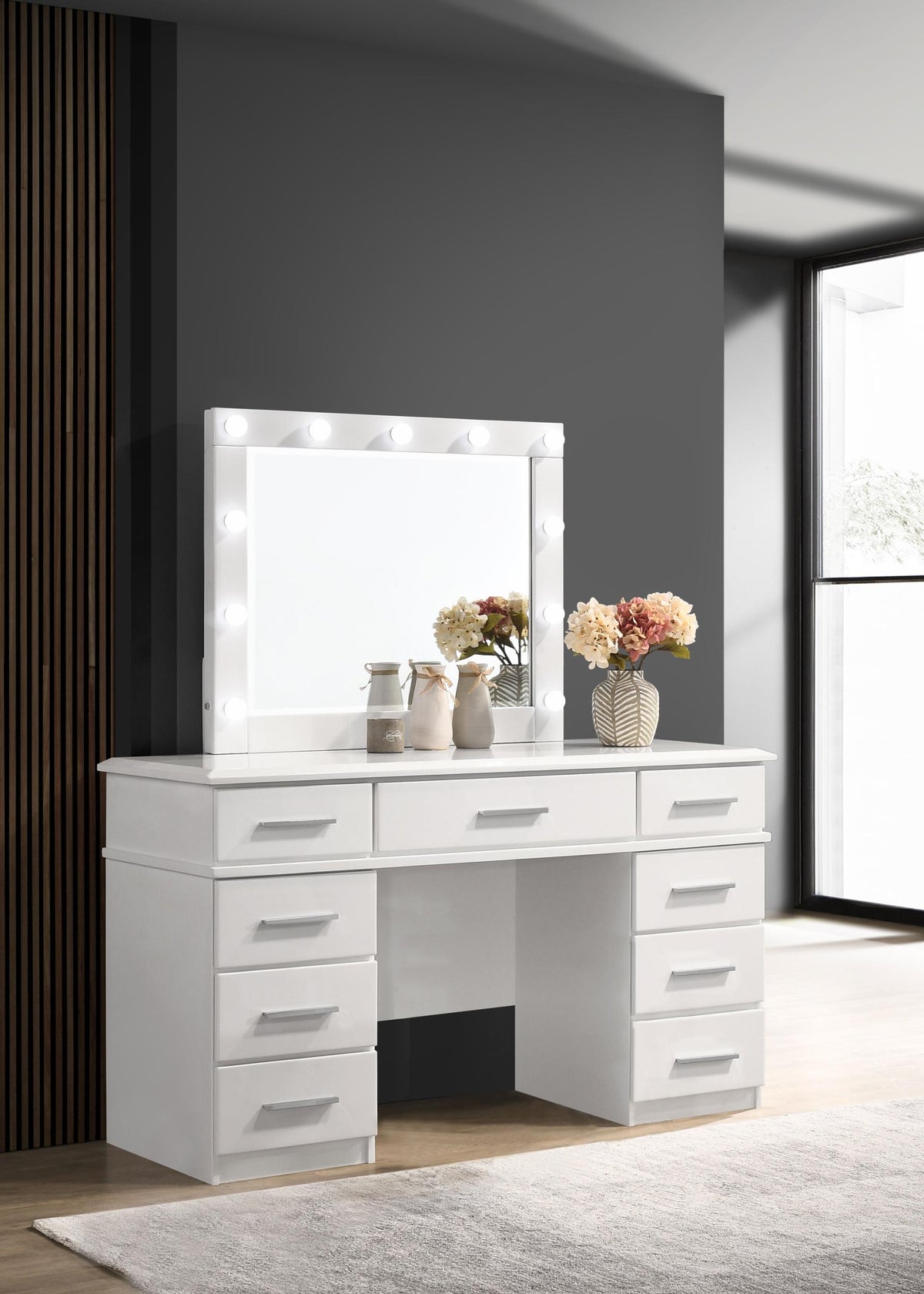 Felicity 9-drawer Vanity Desk with Lighted Mirror Glossy White Half Price Furniture