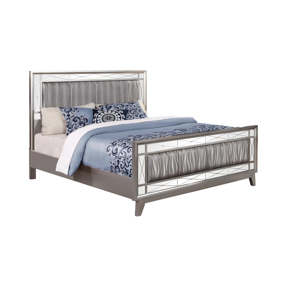 Leighton Eastern King Panel Bed with Mirrored Accents Mercury Metallic Leighton Eastern King Panel Bed with Mirrored Accents Mercury Metallic Half Price Furniture