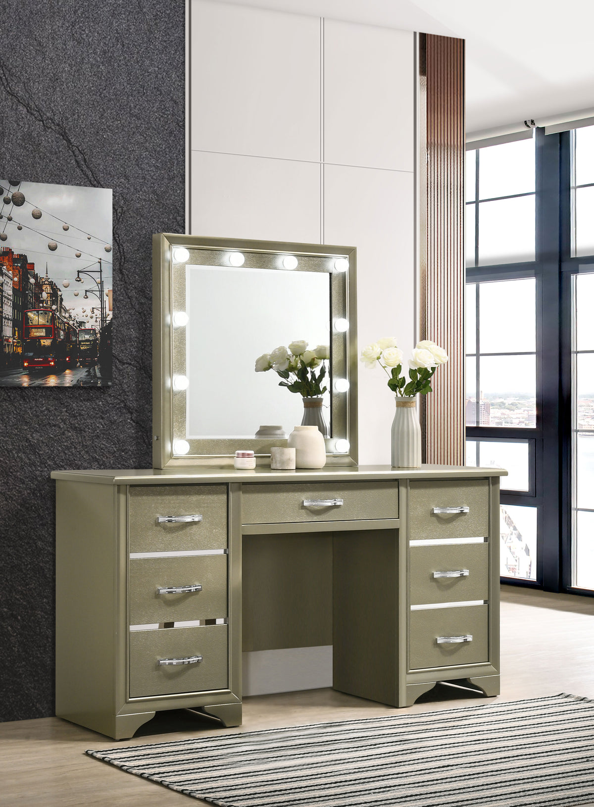 Beaumont 7-drawer Vanity Desk with Lighting Mirror Champagne Beaumont 7-drawer Vanity Desk with Lighting Mirror Champagne Half Price Furniture