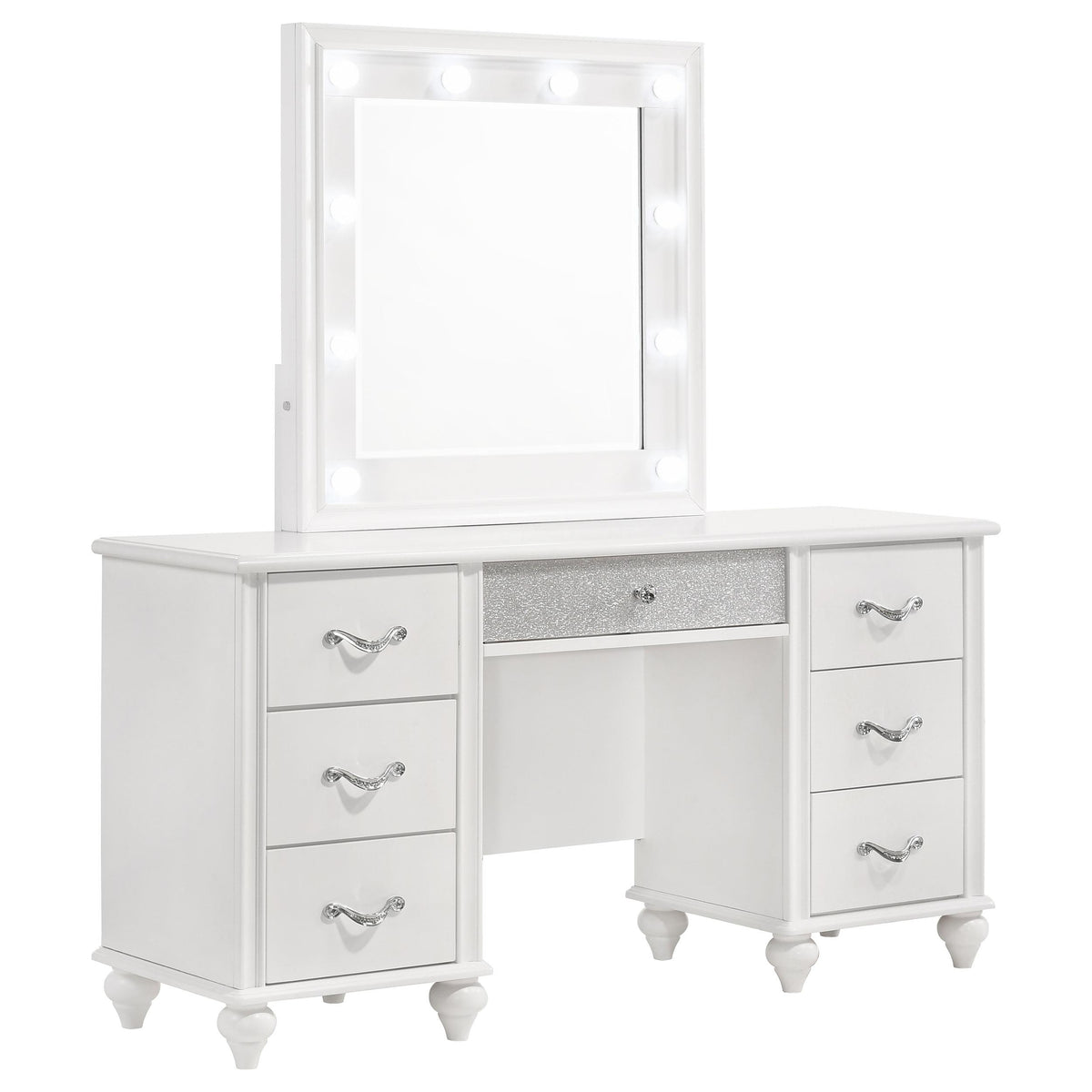 Barzini 7-drawer Vanity Desk with Lighted Mirror White Barzini 7-drawer Vanity Desk with Lighted Mirror White Half Price Furniture