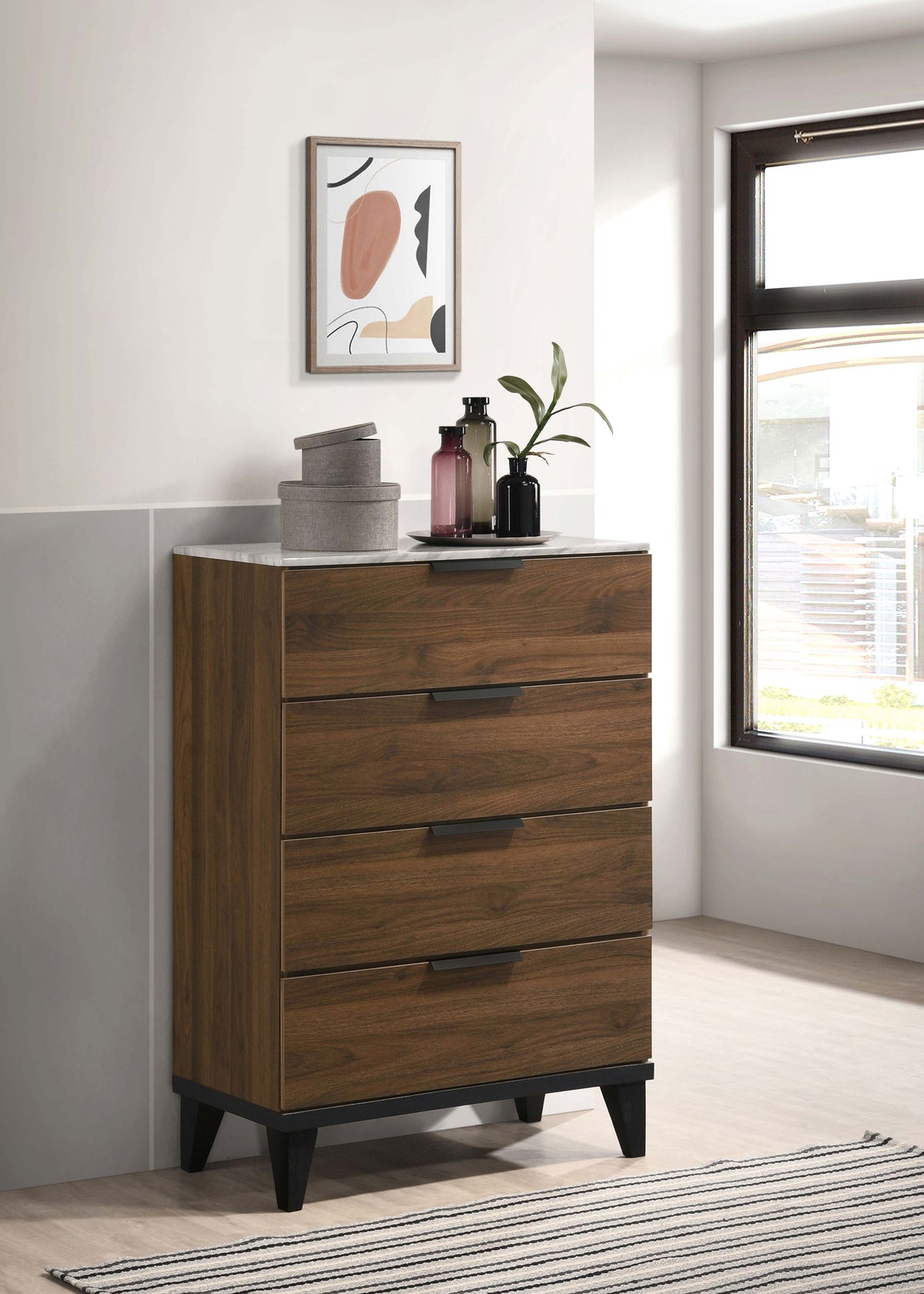 Mays 4-drawer Chest Walnut Brown with Faux Marble Top Half Price Furniture