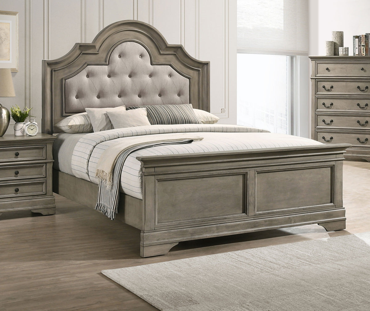 Manchester Bed with Upholstered Arched Headboard Beige and Wheat - Bed - Half Price Furniture