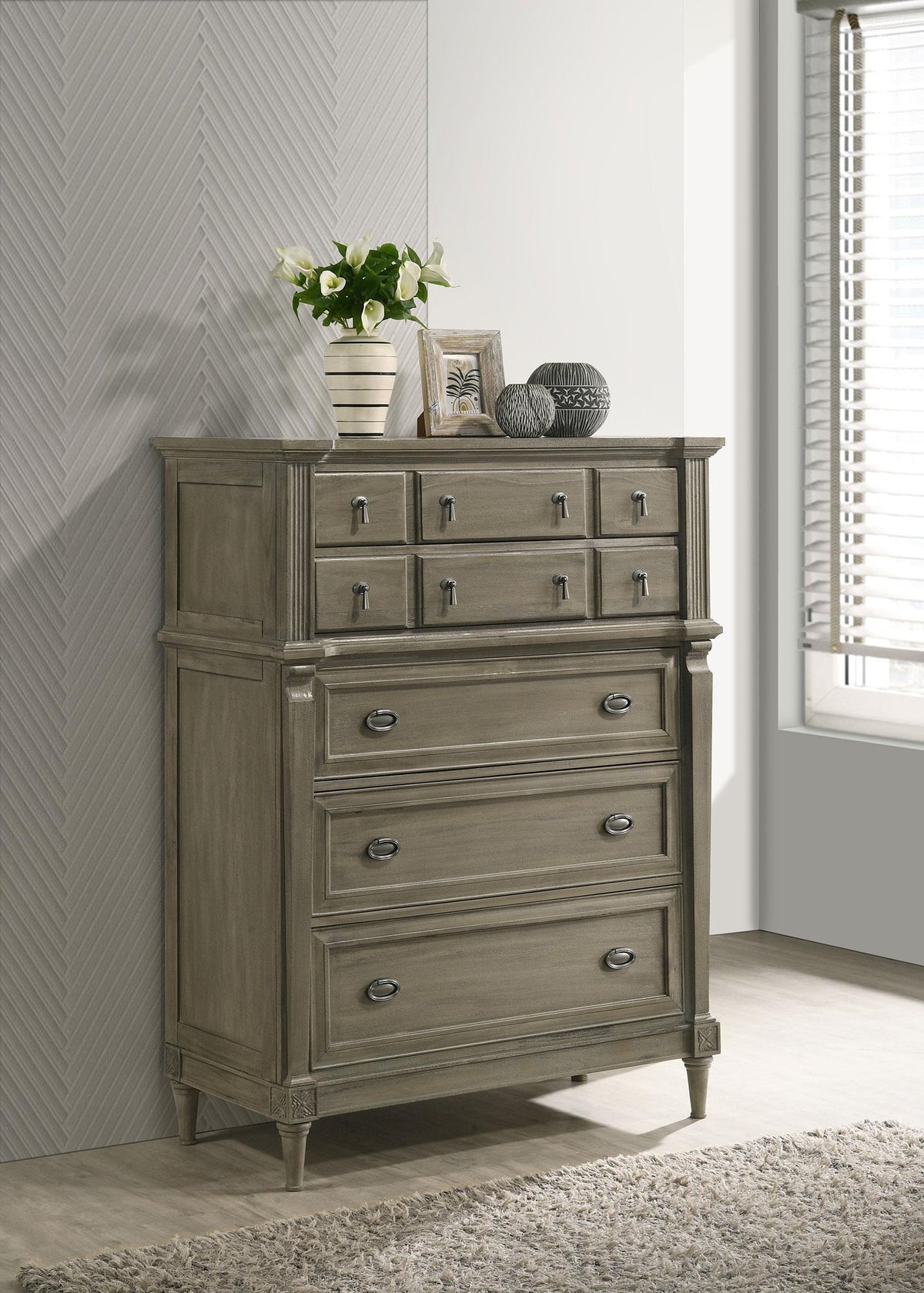 Alderwood 5-drawer Chest French Grey  Half Price Furniture