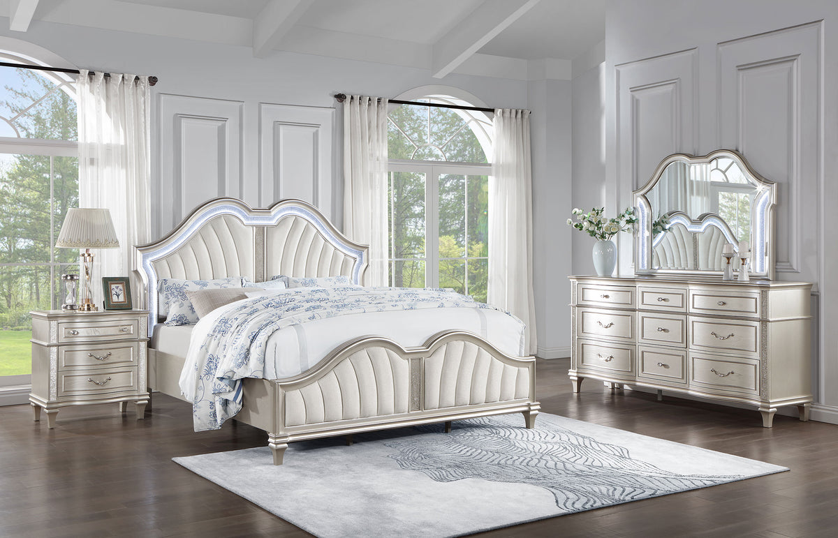 Evangeline Upholstered Platform Bedroom Set Ivory and Silver Oak  Half Price Furniture