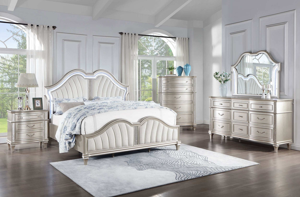 Evangeline Upholstered Platform Bedroom Set Ivory and Silver Oak Half Price Furniture
