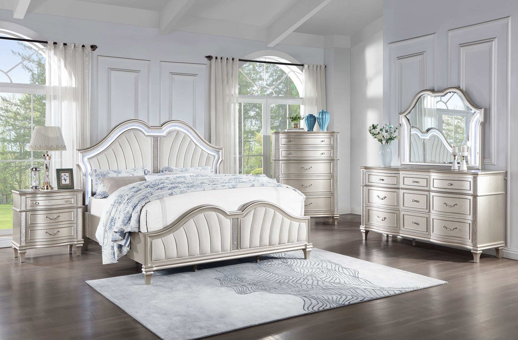 Evangeline Upholstered Platform Bedroom Set Ivory and Silver Oak Half Price Furniture