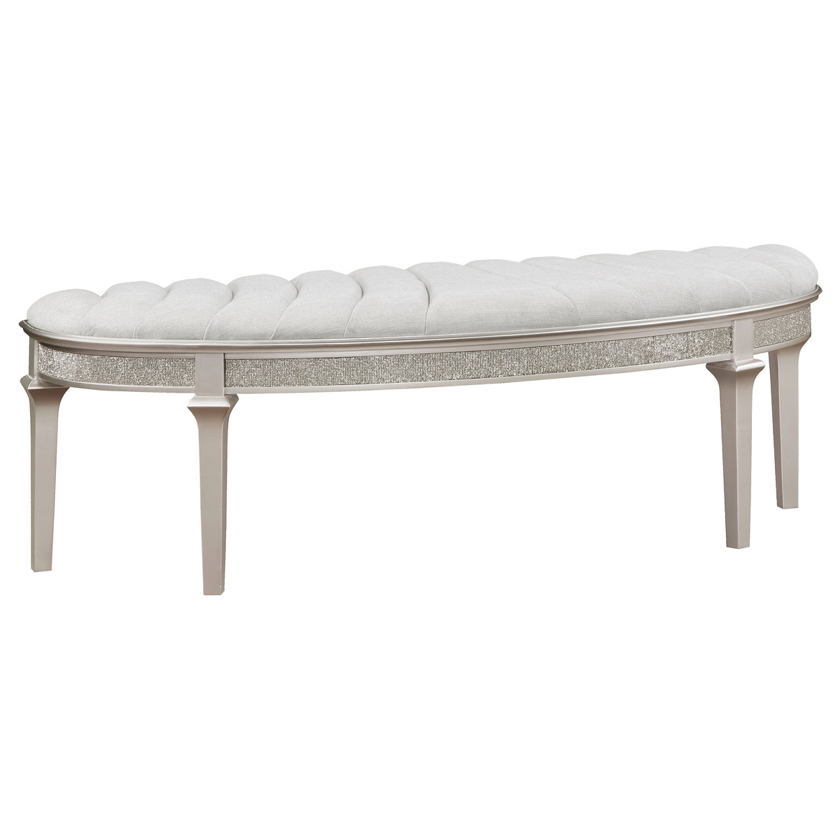 Evangeline Upholstered Demilune Bench Ivory and Silver Oak Evangeline Upholstered Demilune Bench Ivory and Silver Oak Half Price Furniture