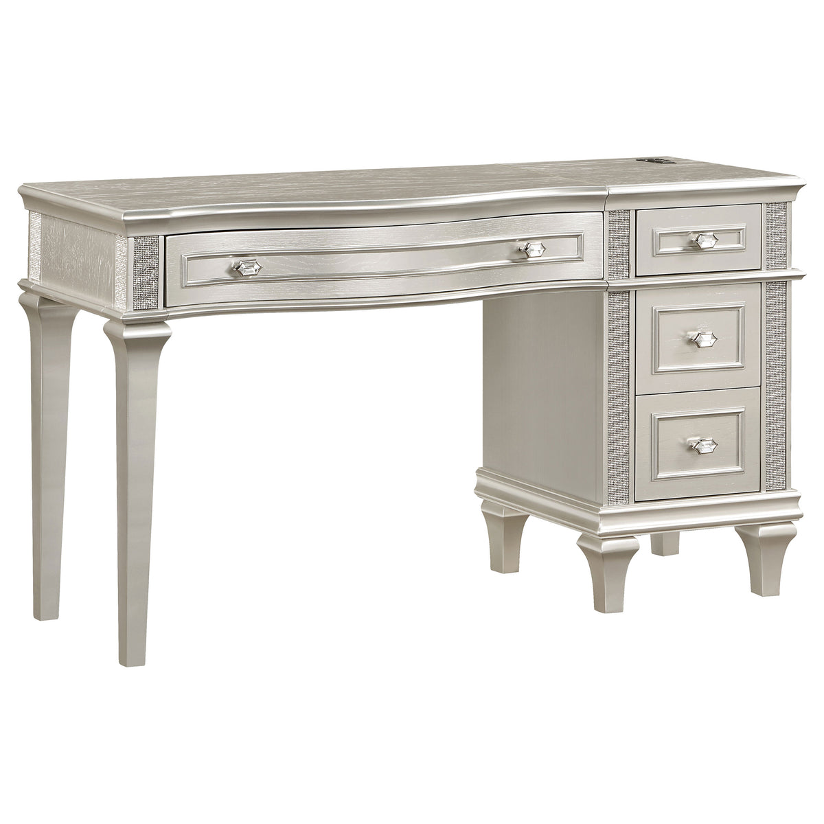 Evangeline 4-drawer Vanity Table with Faux Diamond Trim Silver and Ivory Half Price Furniture
